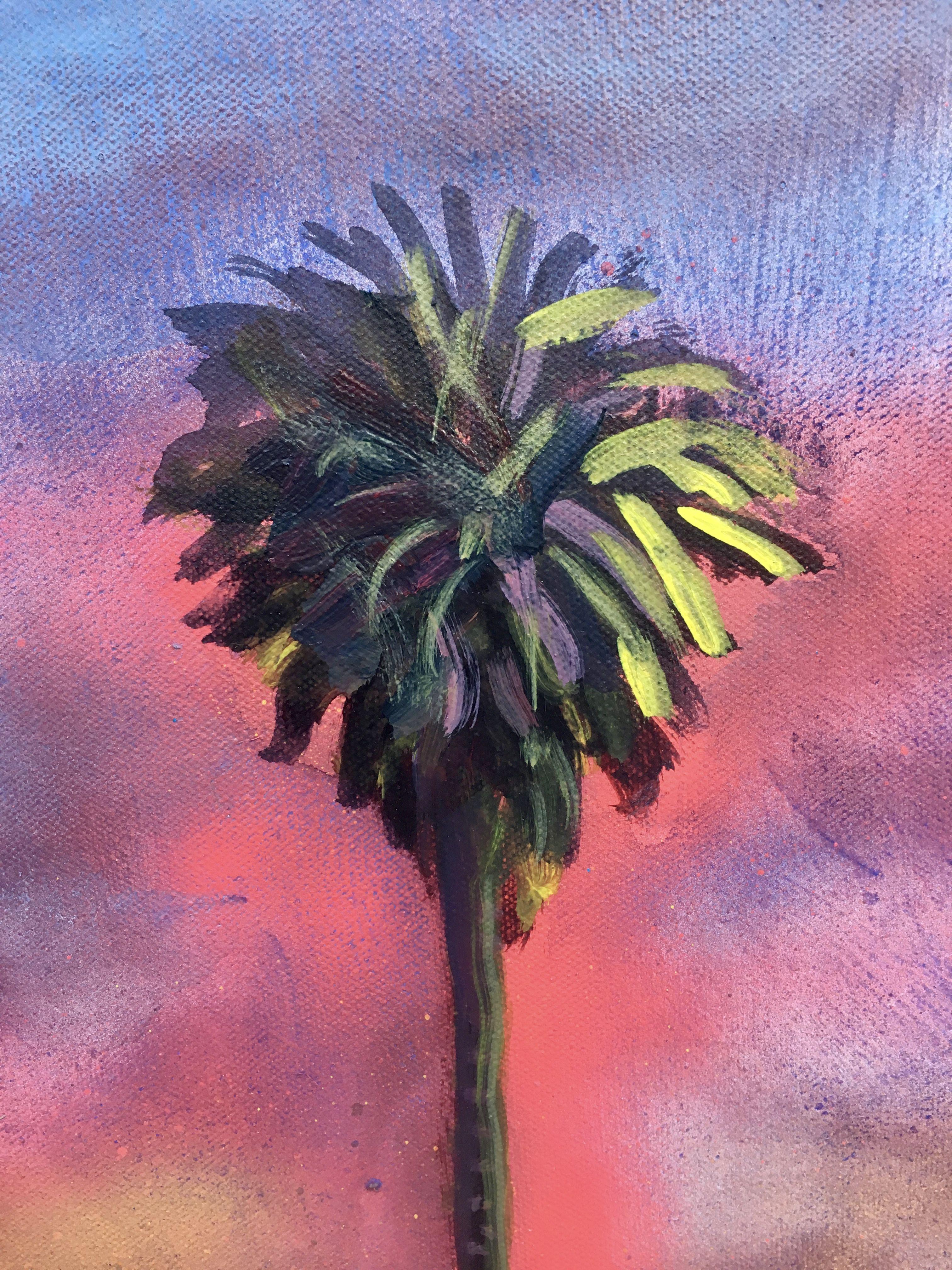 Palm Trees from my backyard. Spray paint and acrylic paint on canvas.  :: Painting :: Impressionist :: This piece comes with an official certificate of authenticity signed by the artist :: Ready to Hang: No :: Signed: Yes :: Signature Location: On