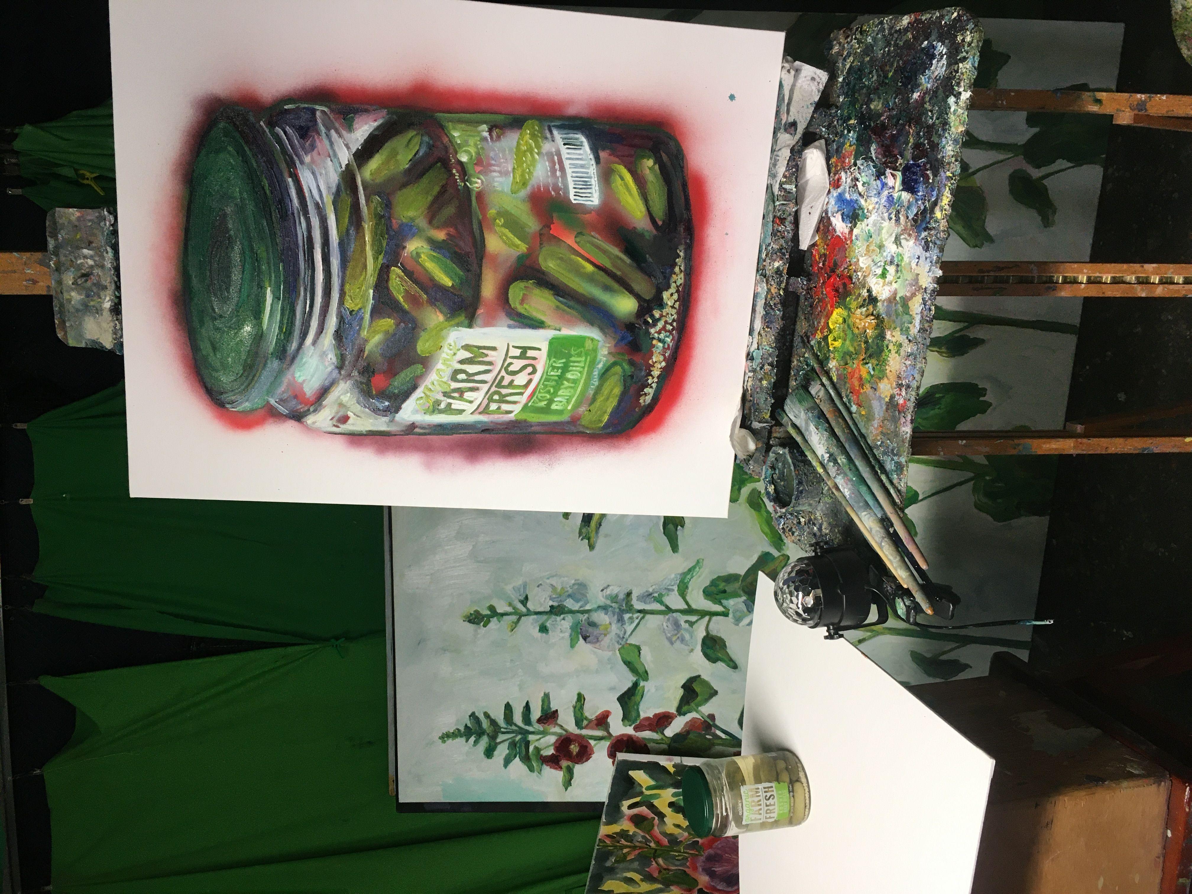 I painted this jar of pickles live during my livestreaming show Let's Paint TV. Spray paint, acrylic and oils on Canvas :: Painting :: Pop-Art :: This piece comes with an official certificate of authenticity signed by the artist :: Ready to Hang: