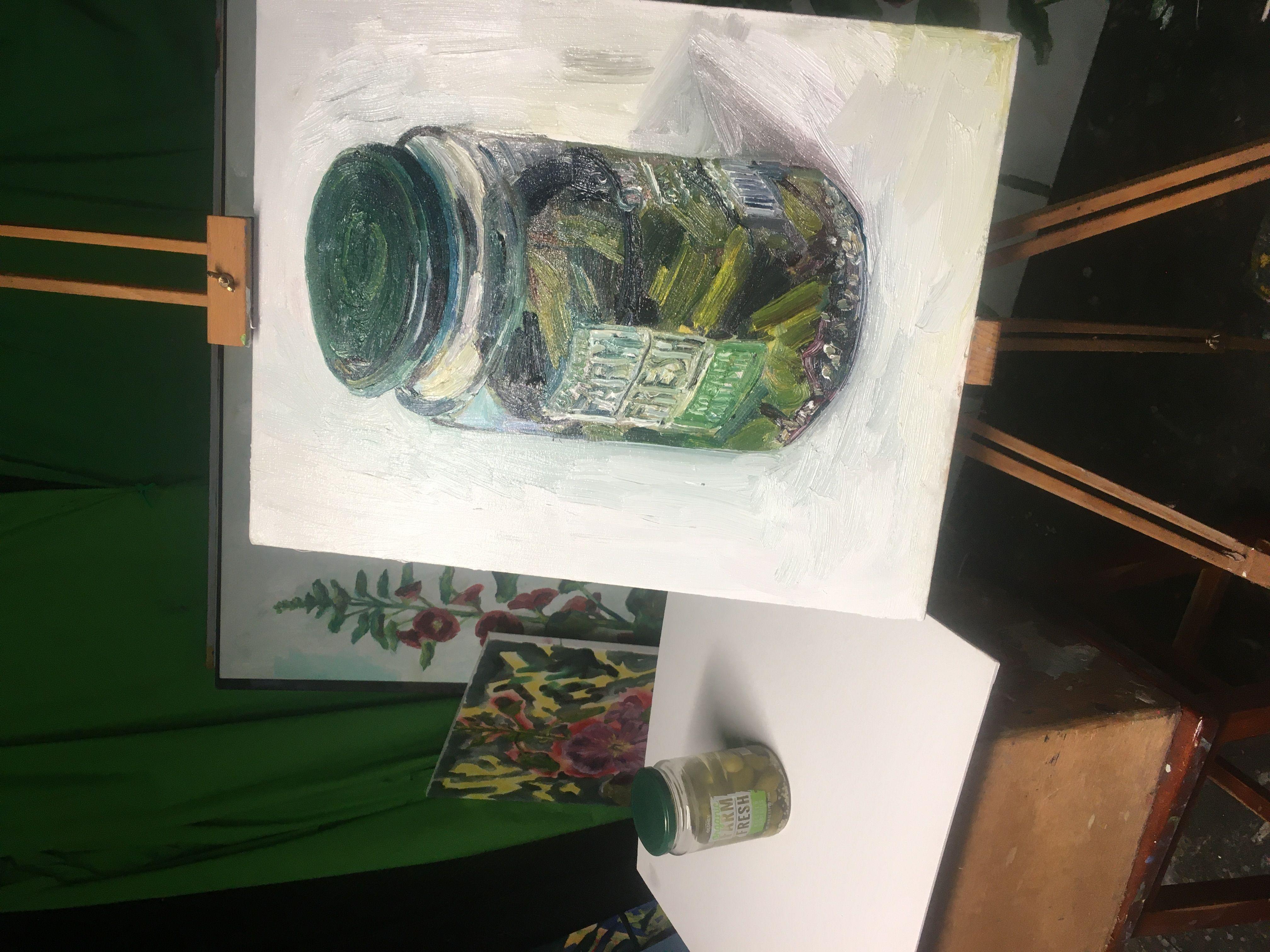 I painted this jar of pickles live during my livestreaming show Let's Paint TV :: Painting :: Impressionist :: This piece comes with an official certificate of authenticity signed by the artist :: Ready to Hang: No :: Signed: Yes :: Signature