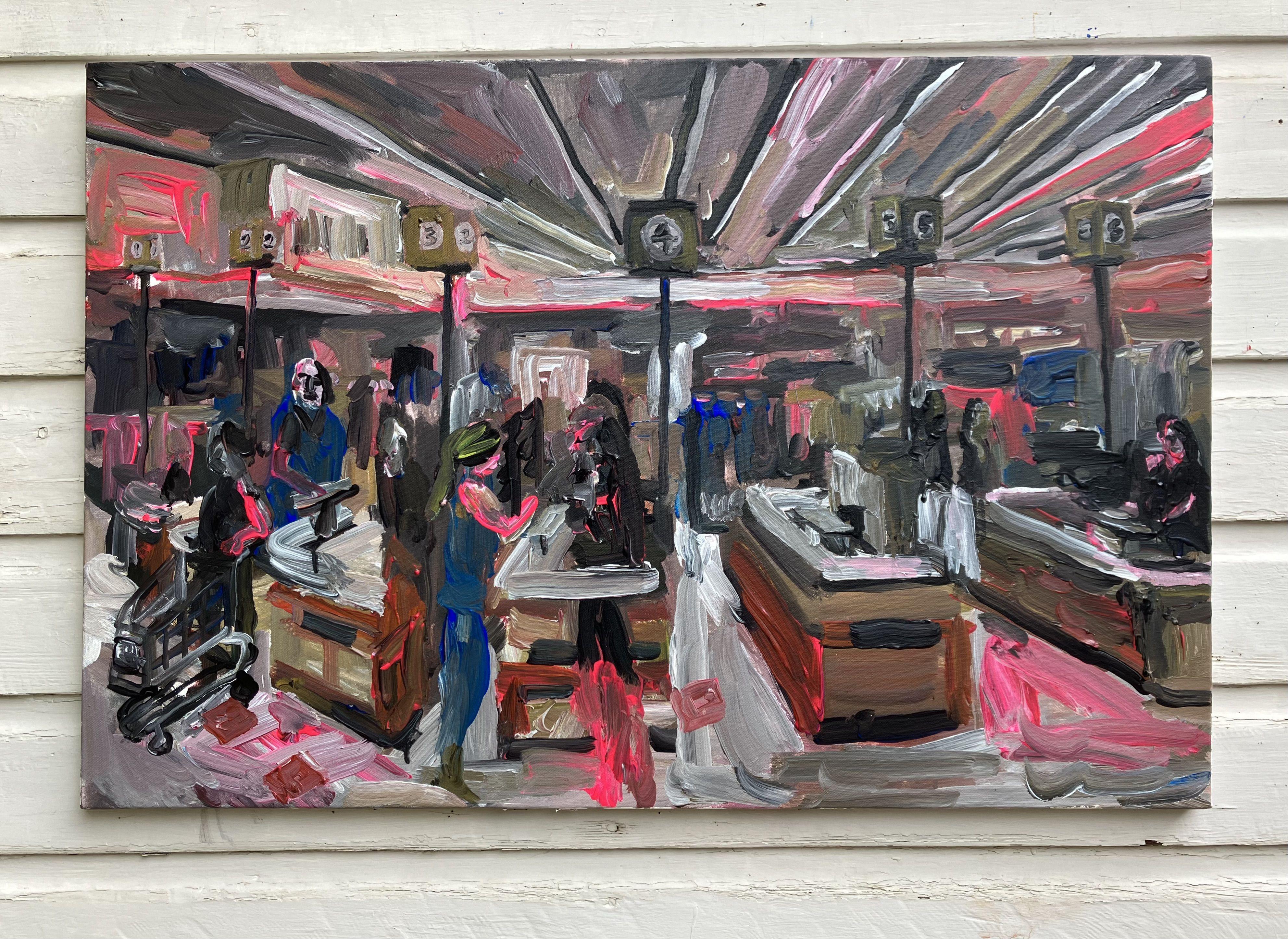 Supermarket Checkout, Gemälde, Acryl auf Leinwand (Impressionismus), Painting, von John Kilduff