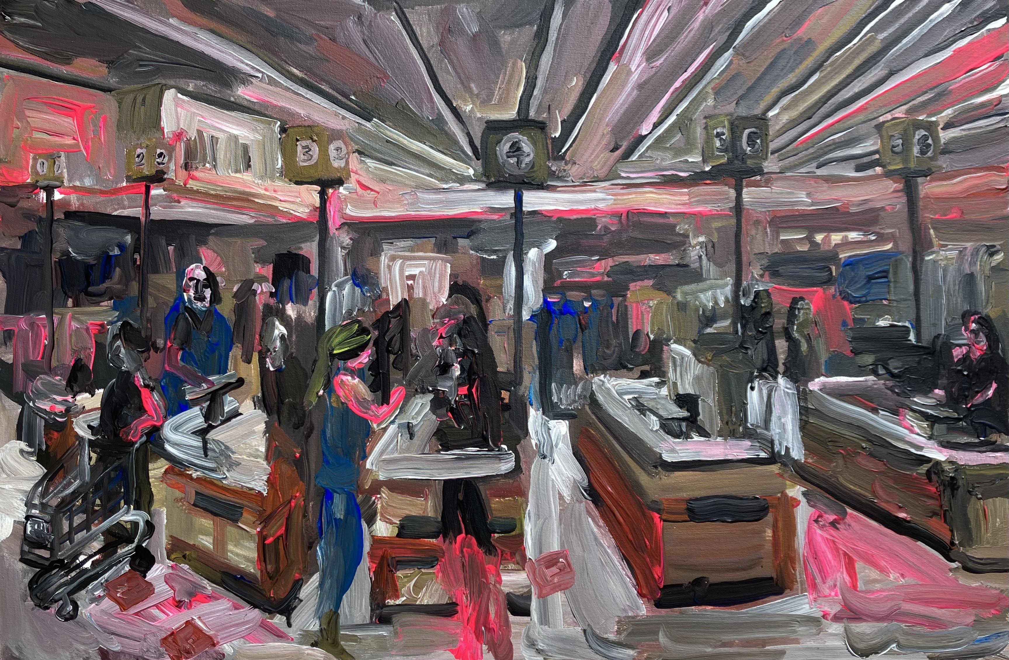 Supermarket Checkout, Gemälde, Acryl auf Leinwand – Painting von John Kilduff