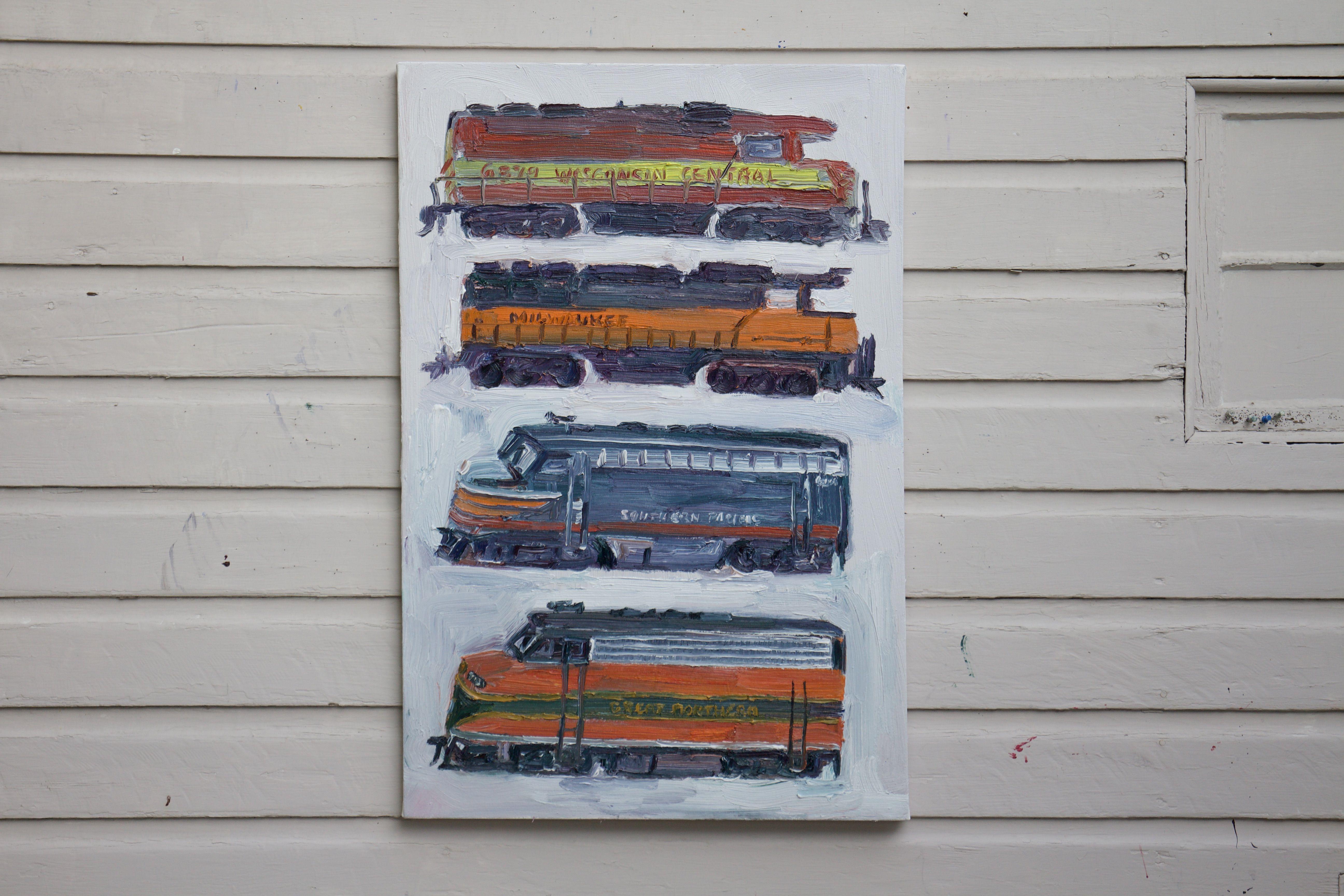 Peinture - Huile sur toile - « Train engines » - Autres styles artistiques Painting par John Kilduff