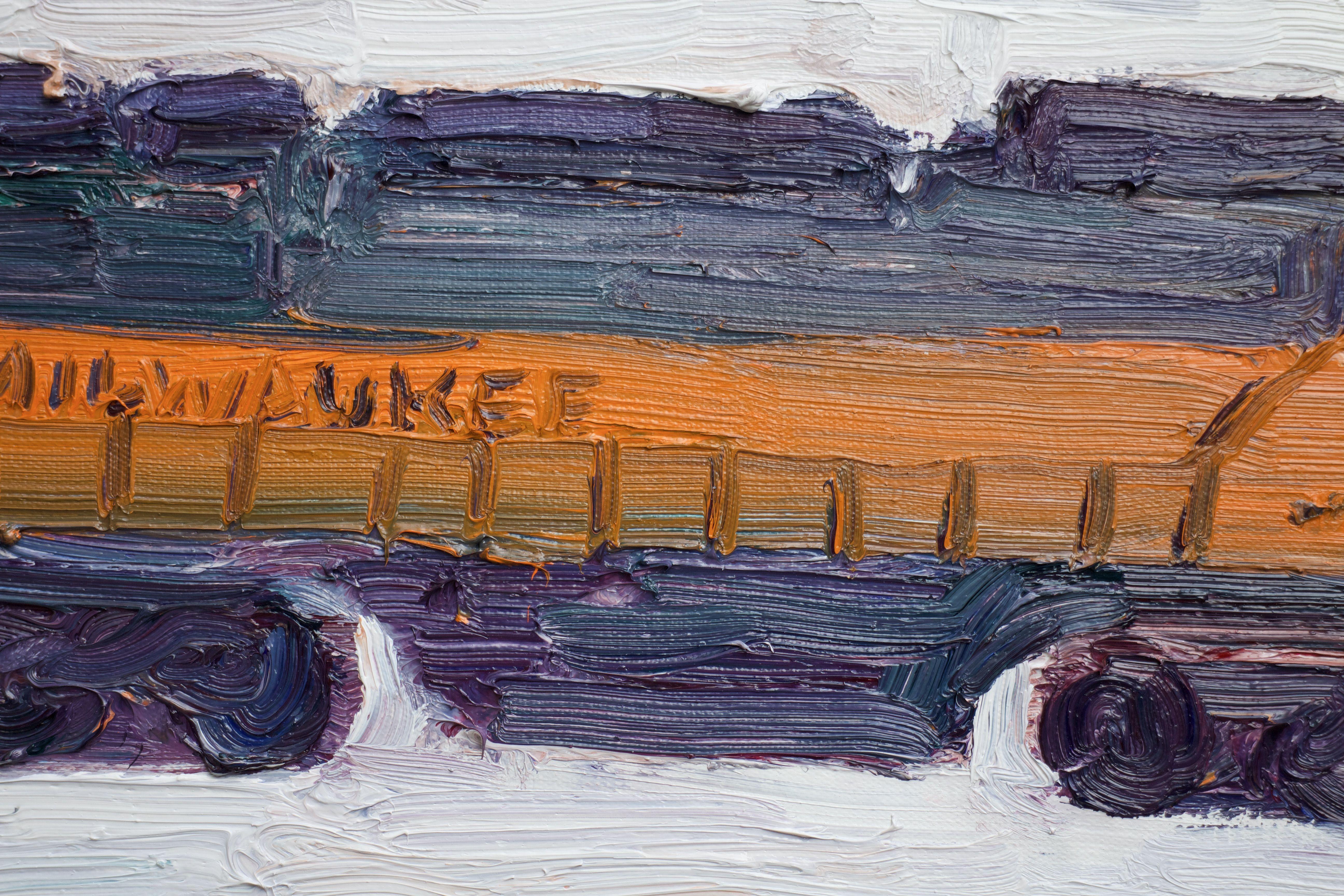 Oil painting of train engines. :: Painting :: Americana :: This piece comes with an official certificate of authenticity signed by the artist :: Ready to Hang: No :: Signed: Yes :: Signature Location: on the back :: Canvas :: Portrait :: Original ::