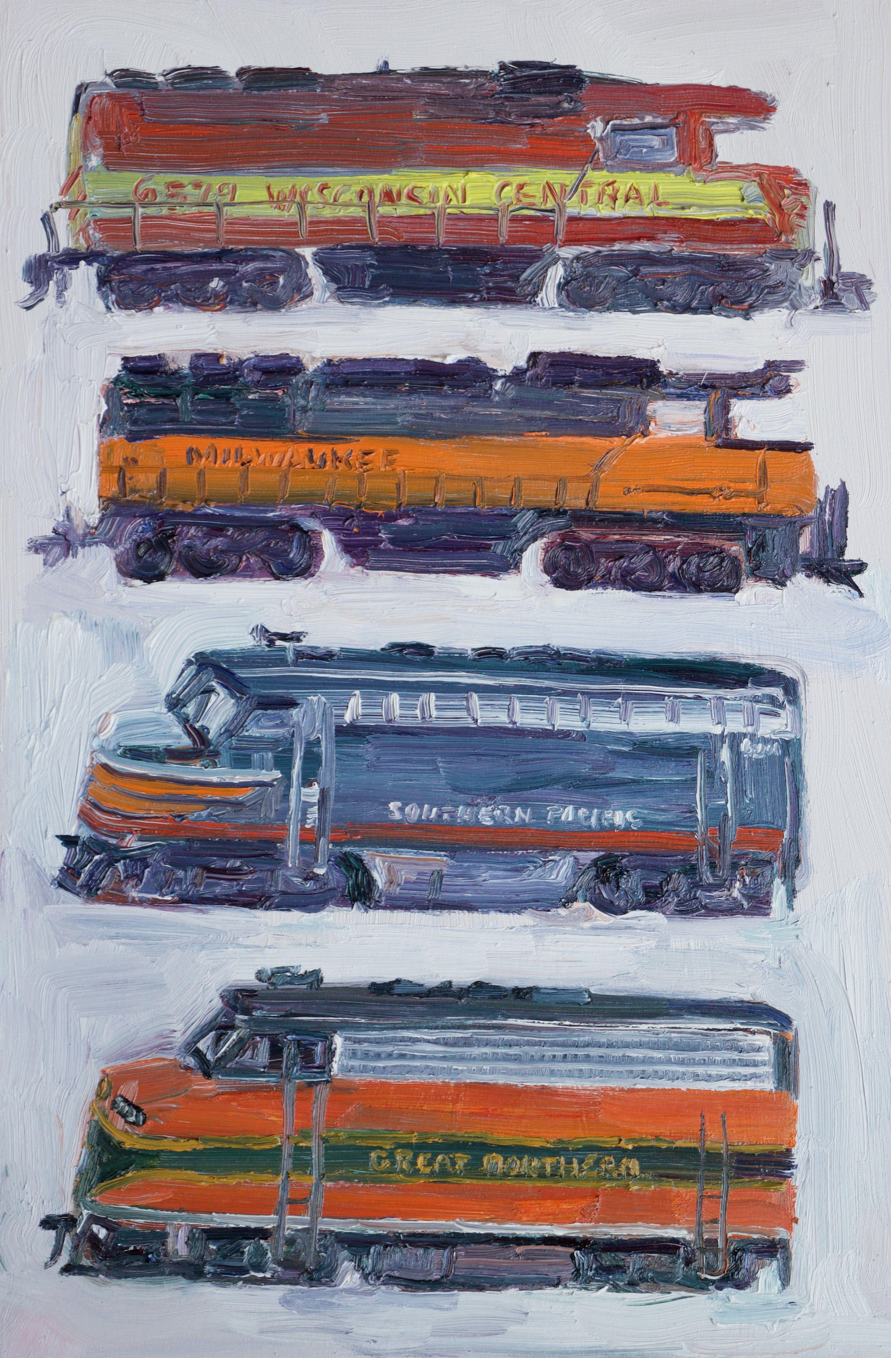 Peinture - Huile sur toile - « Train engines » - Painting de John Kilduff