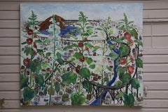 Train set and hollyhocks, Painting, Oil on Canvas