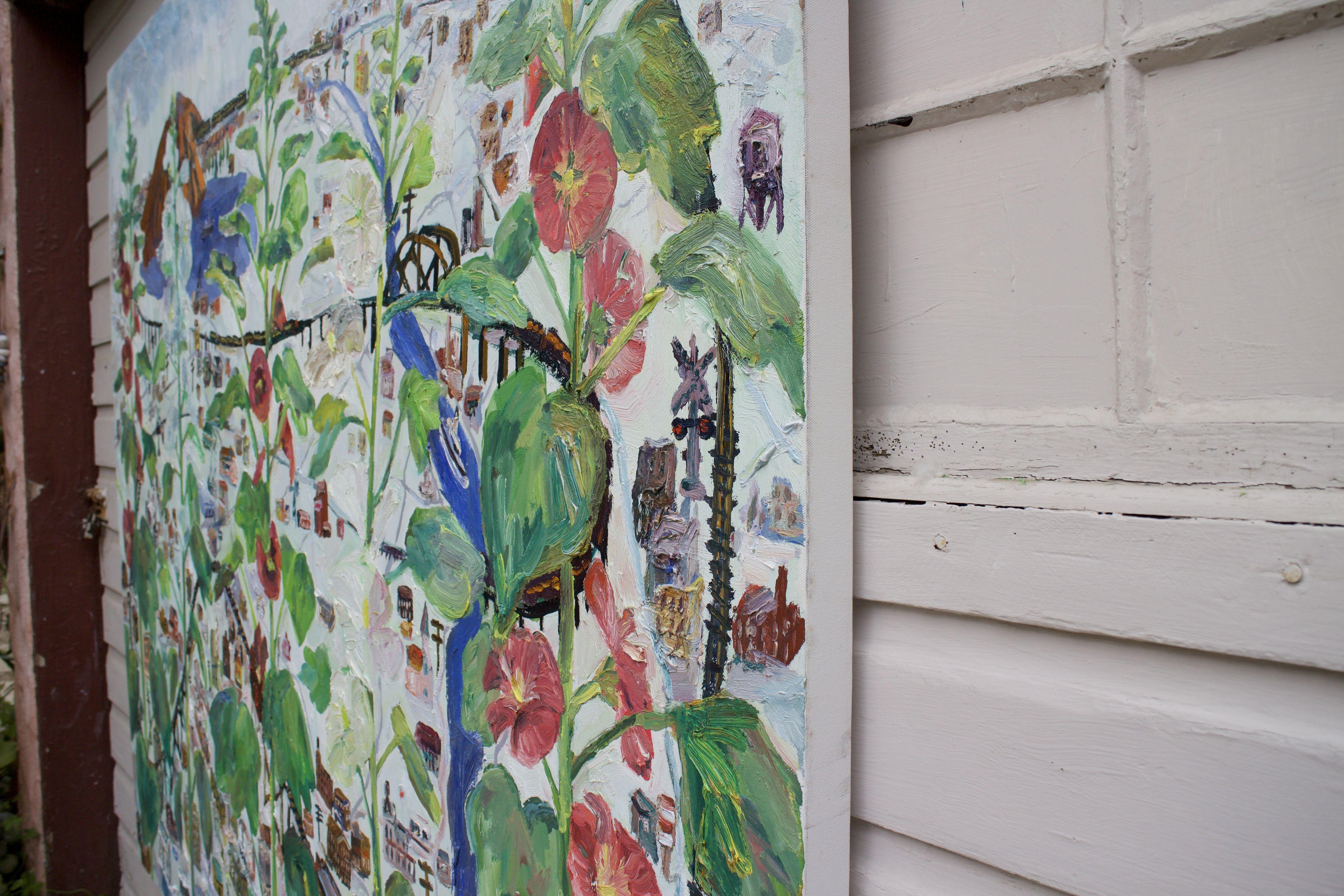 Train set and hollyhocks, Painting, Oil on Canvas For Sale 2