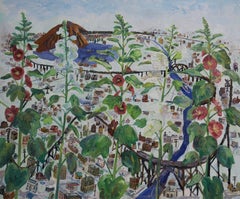 Train set and hollyhocks, Painting, Oil on Canvas