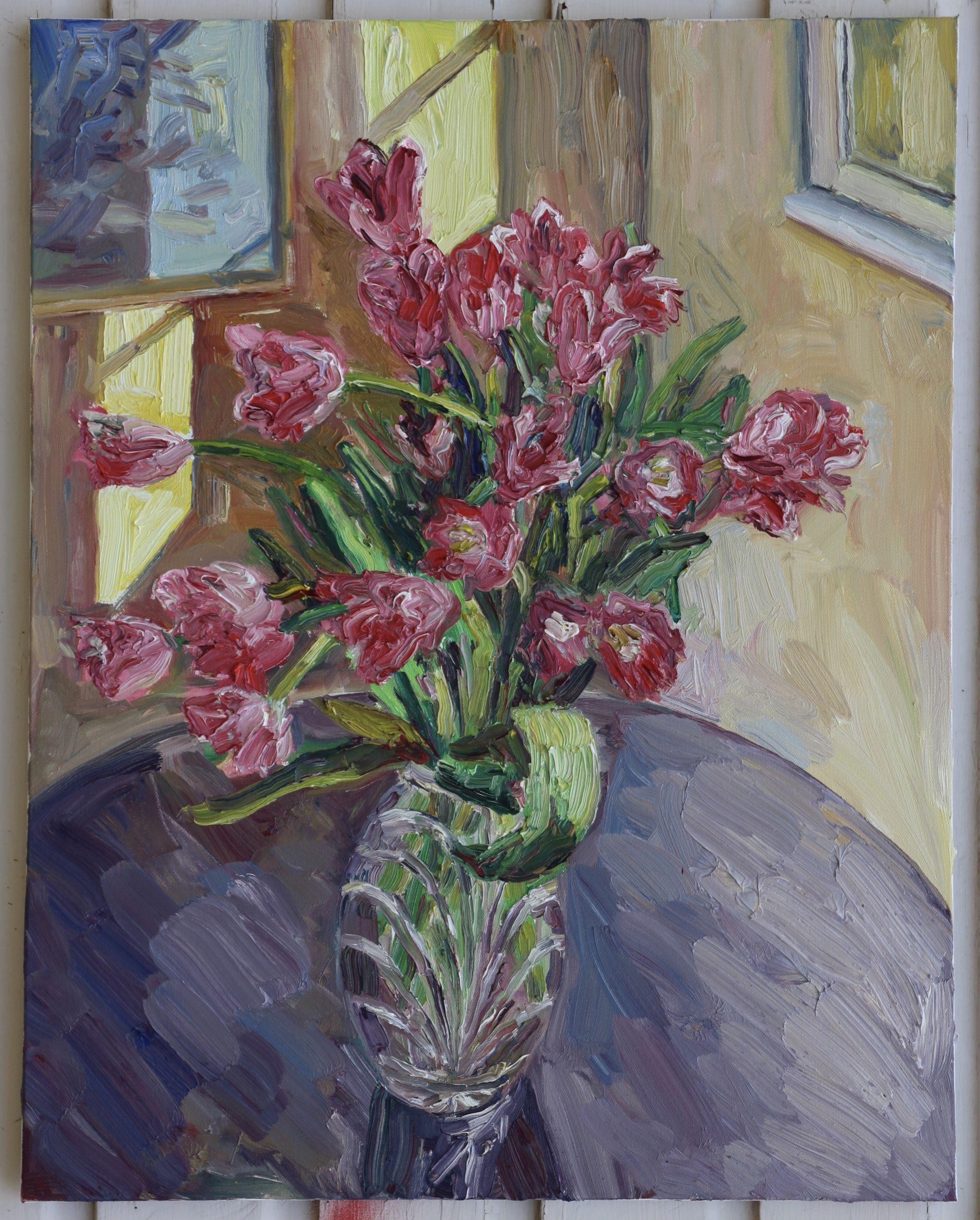 Plein air oil painting of tulips in a vase. :: Painting :: Impressionist :: This piece comes with an official certificate of authenticity signed by the artist :: Ready to Hang: No :: Signed: Yes :: Signature Location: On the back :: Canvas ::