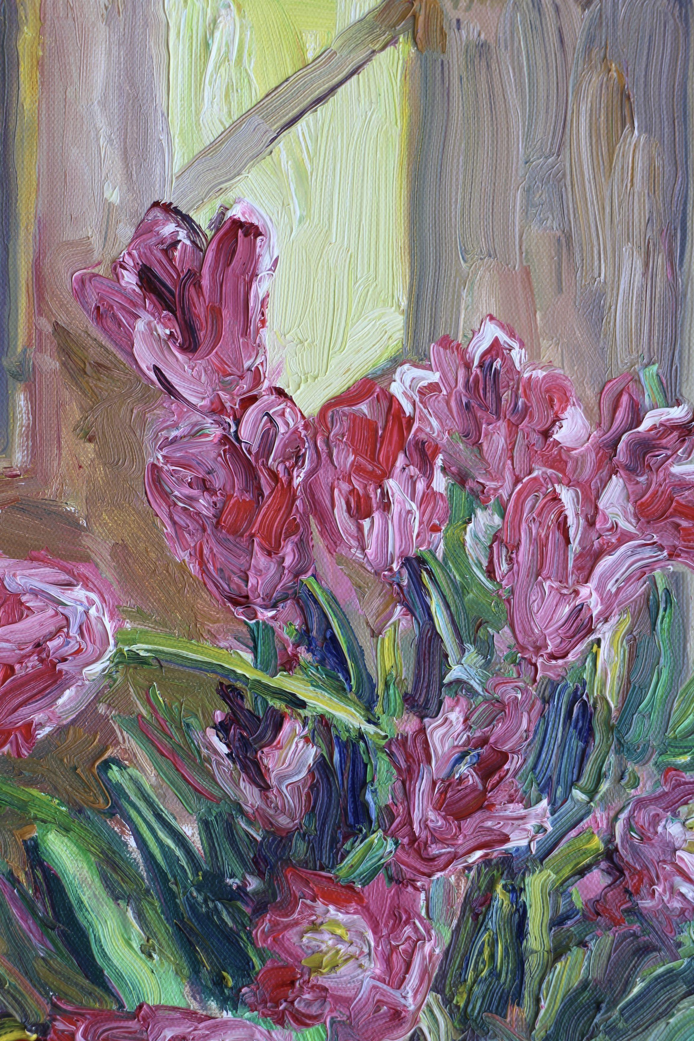 Pittura ad olio plein air di tulipani in vaso :: Pittura :: Impressionista :: Questo pezzo viene fornito con un certificato ufficiale di autenticità firmato dall'artista :: Pronto da appendere: No :: Firmato: Yes :: Posizione della firma: Sul retro