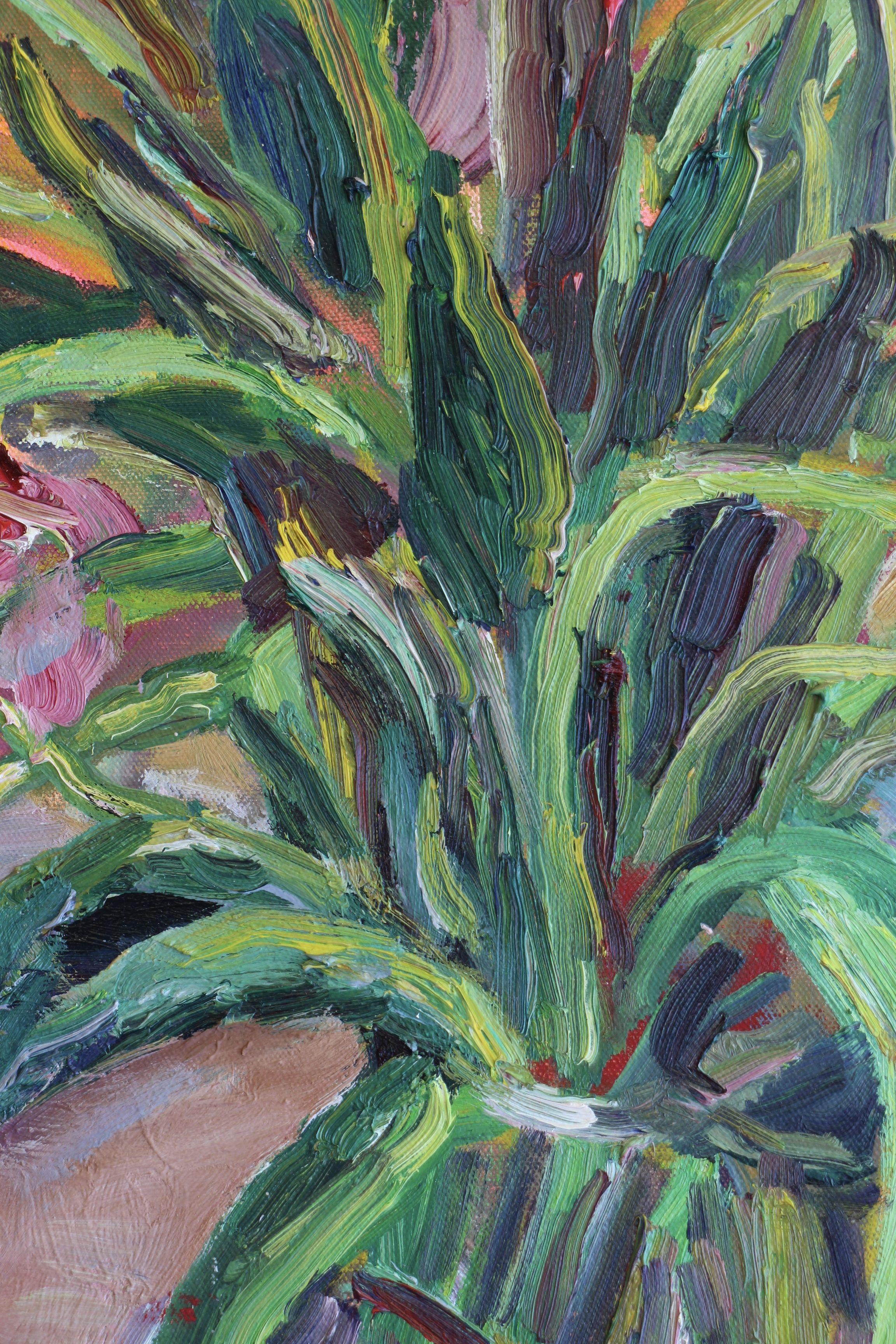 Ho dipinto questi tulipani che si trovavano nella sala da pranzo. Ho usato vernice spray, acrilico e oli per il dipinto. :: Pittura :: Impressionista :: Questo pezzo viene fornito con un certificato ufficiale di autenticità firmato dall'artista ::