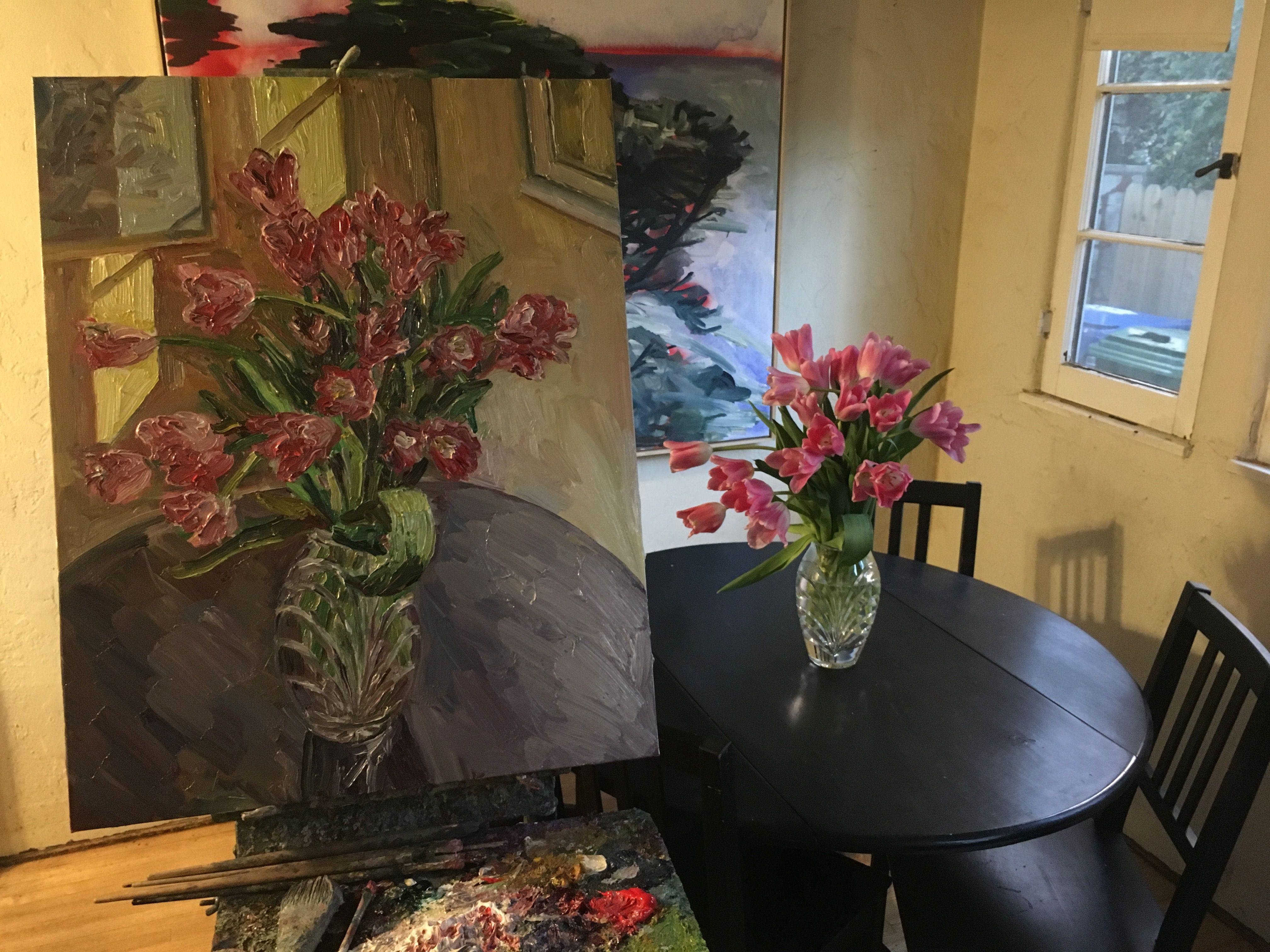 Peinture, huile sur toile, tulipes dans un vase en vente 2