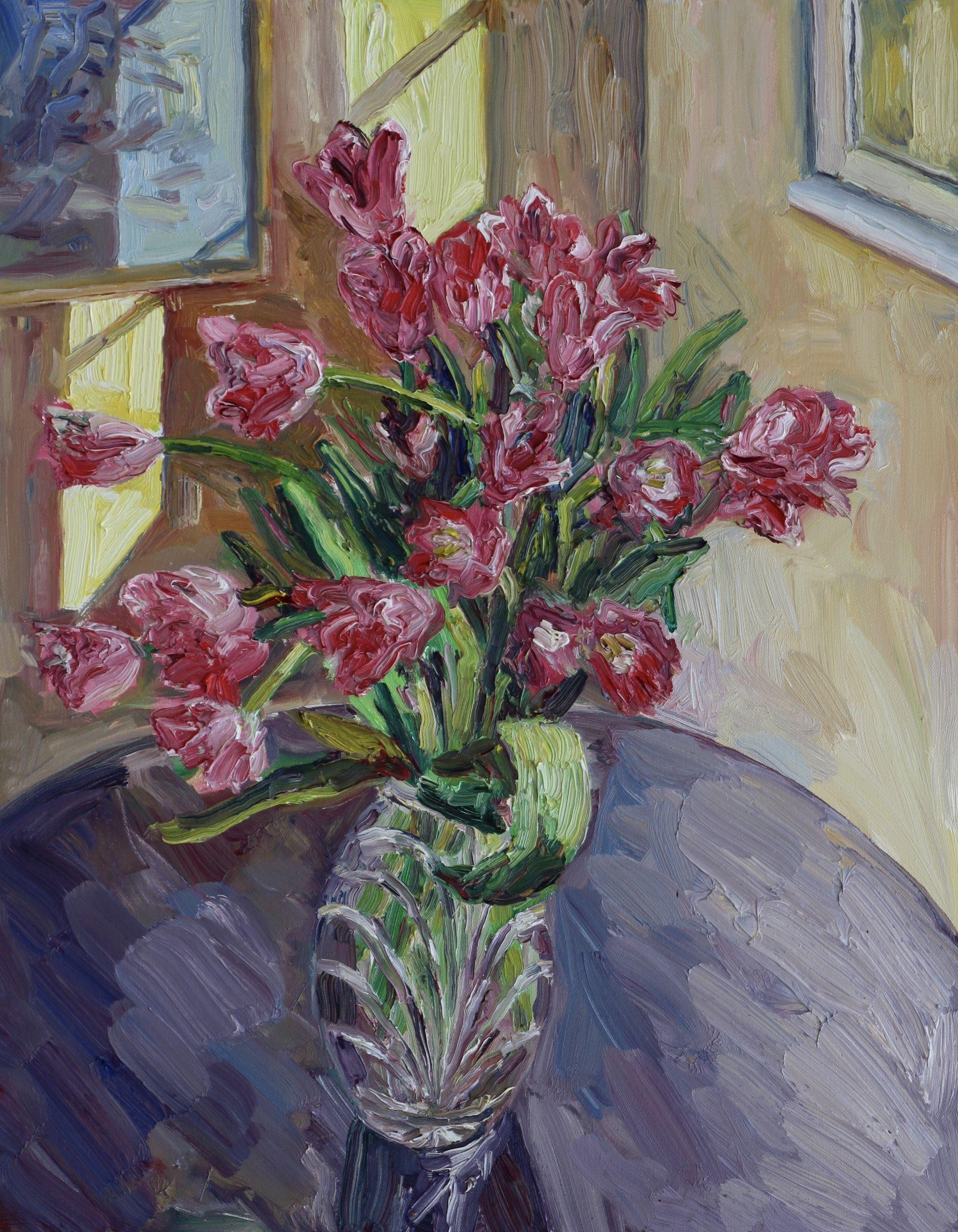 Peinture, huile sur toile, tulipes dans un vase - Painting de John Kilduff