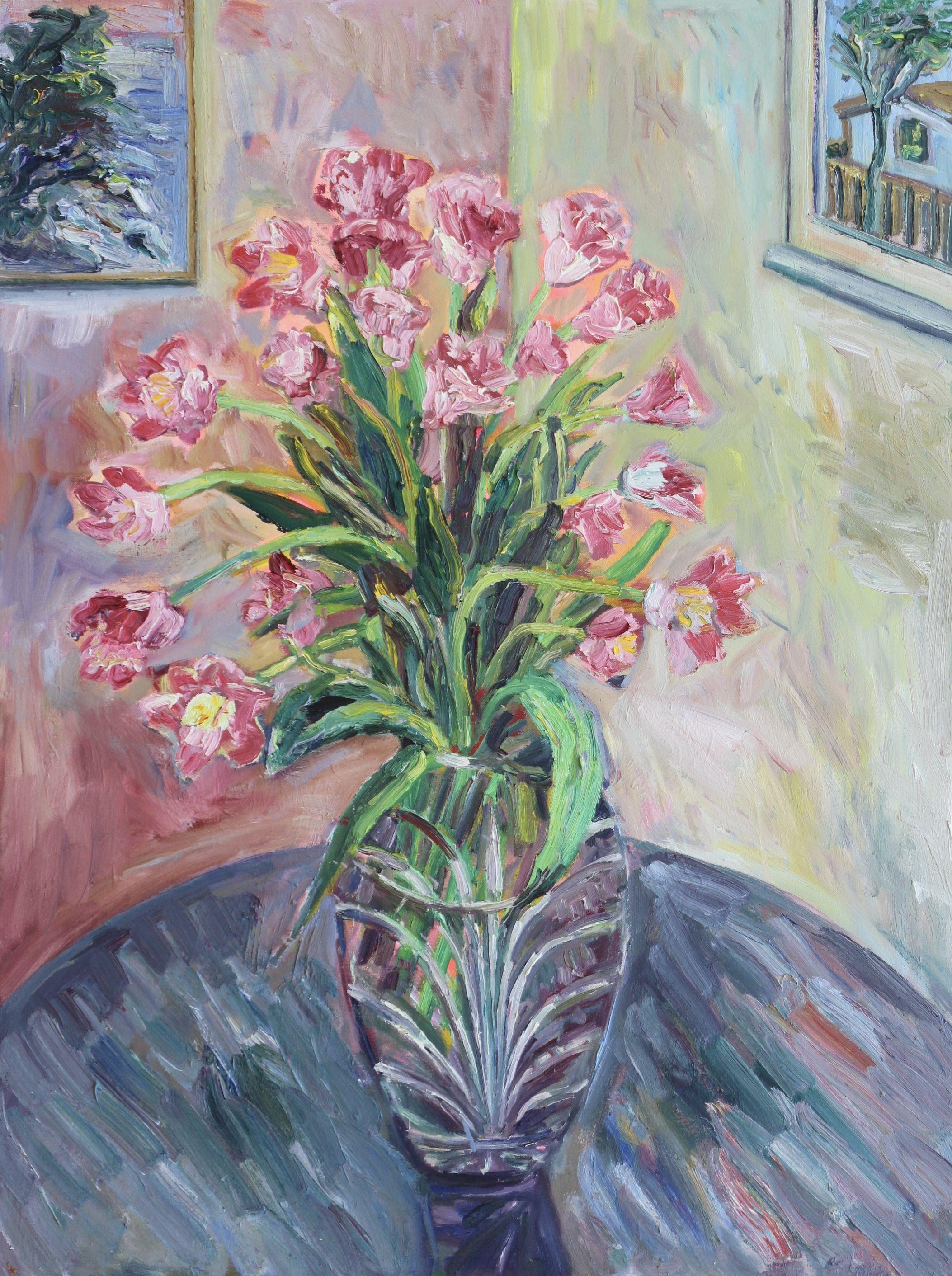 Peinture, huile sur toile, tulipes dans un vase - Painting de John Kilduff