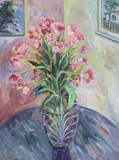 Peinture, huile sur toile, tulipes dans un vase