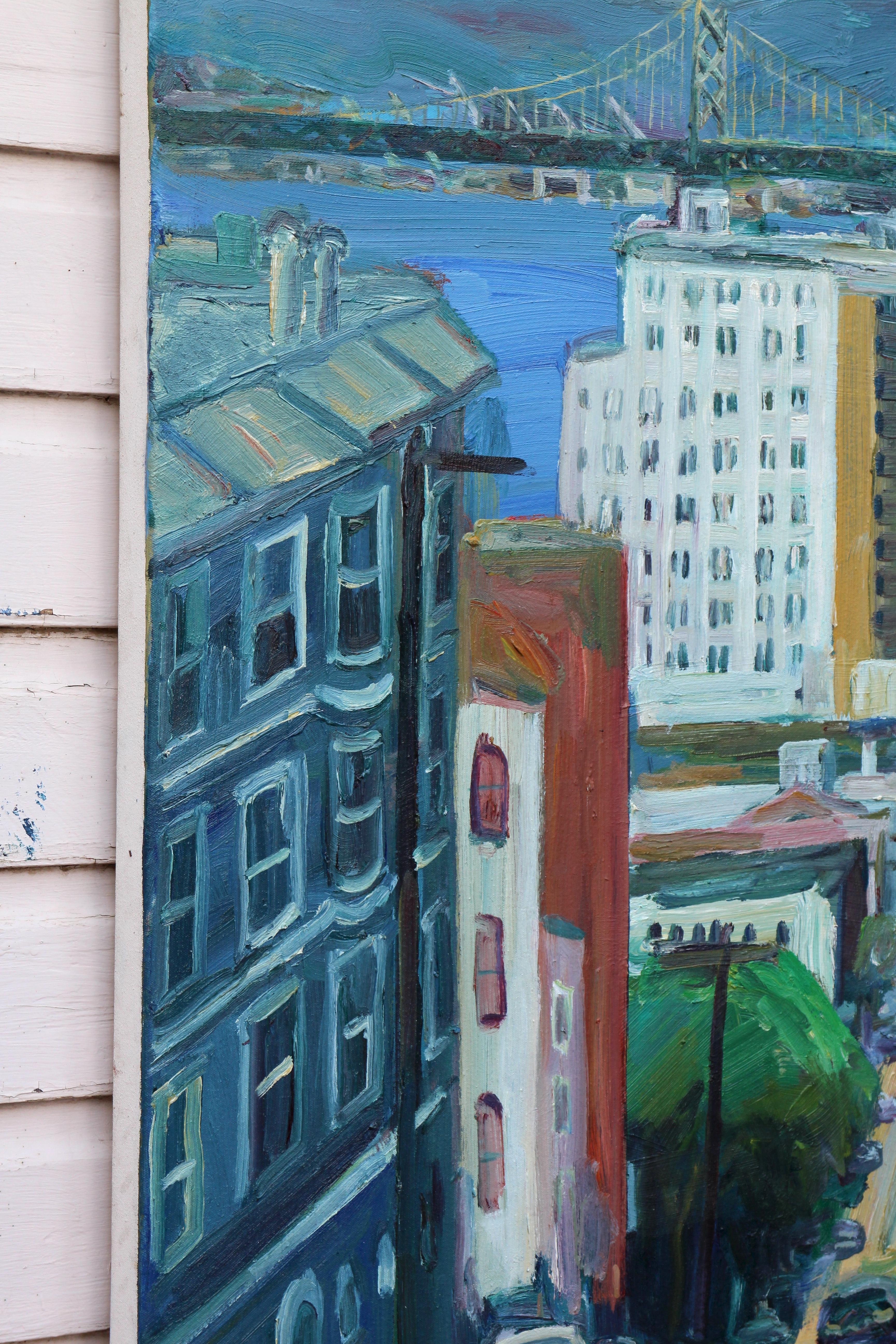 Grande dipinto in studio di Washington Street a San Francisco. Nota bene: a causa delle dimensioni del quadro, per la spedizione toglierò la tela dalle barre e la arrotolerò: Pittura :: Impressionista :: Questo pezzo viene fornito con un certificato