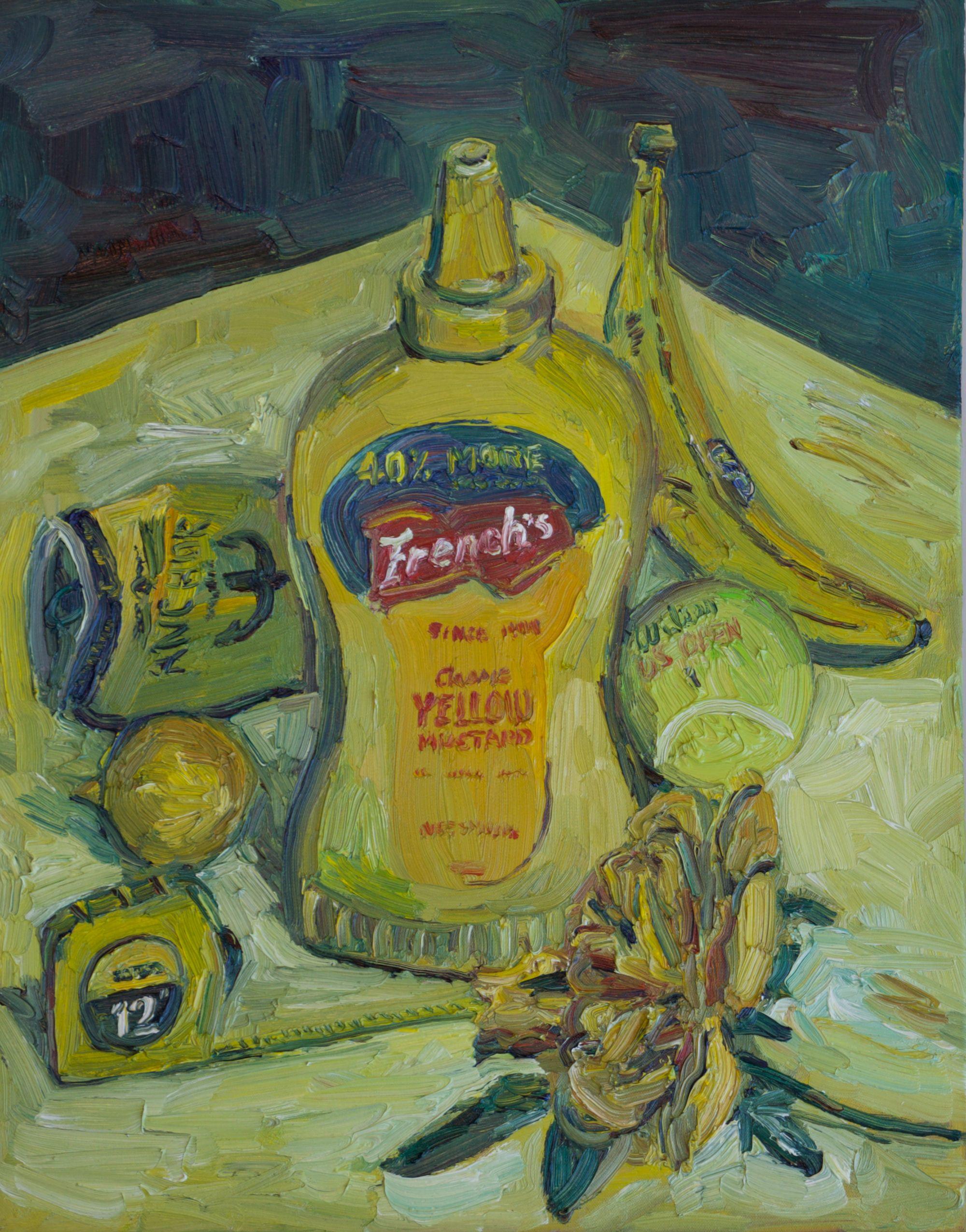 Still life of yellow objects that I found around the house. :: Painting :: Impressionist :: This piece comes with an official certificate of authenticity signed by the artist :: Ready to Hang: No :: Signed: Yes :: Signature Location: on the back ::