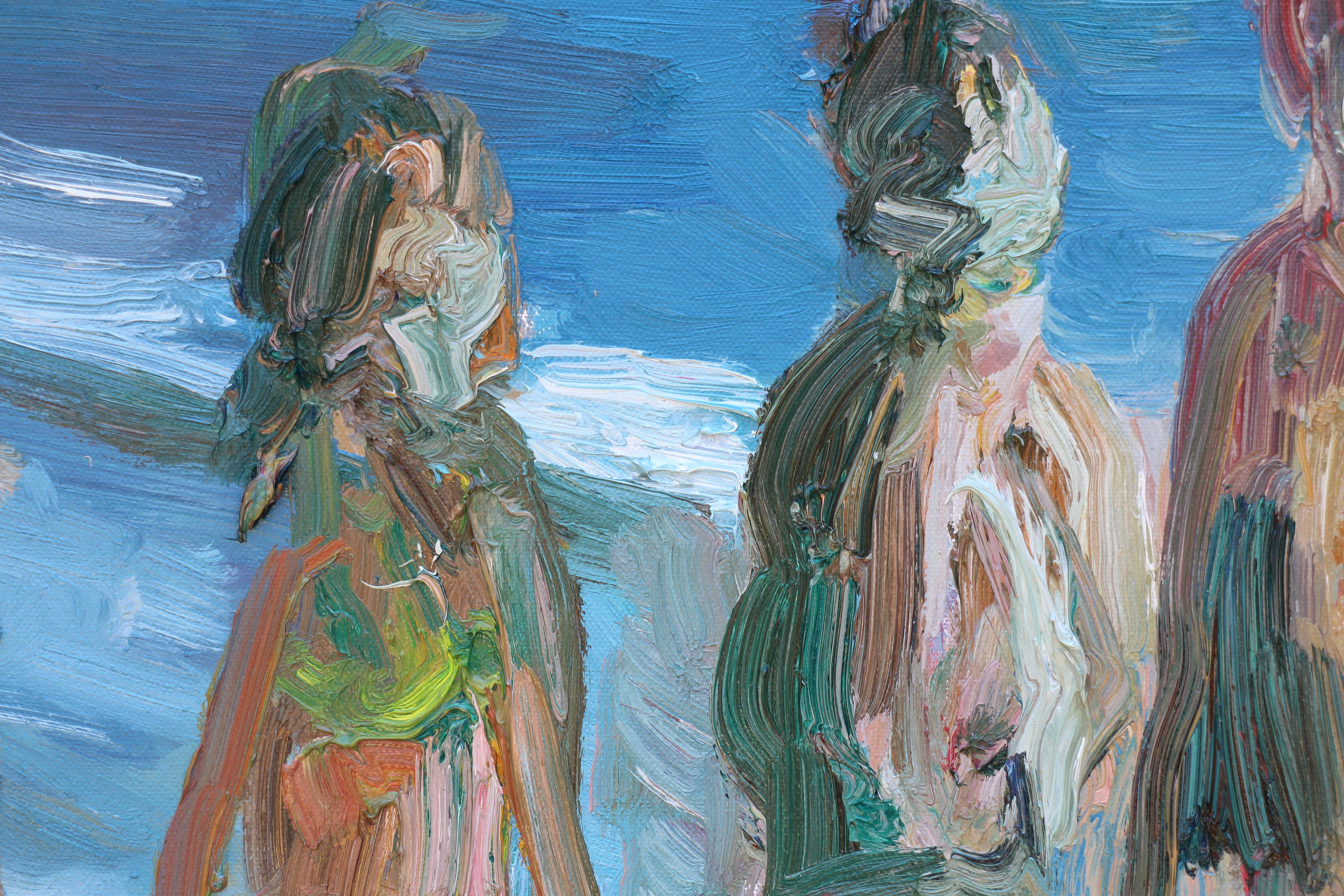 Pittura ad olio plein air di bagnanti sulla spiaggia di Zuma Beach a Malibu, California. :: Pittura :: Impressionista :: Questo pezzo viene fornito con un certificato ufficiale di autenticità firmato dall'artista :: Pronto da appendere: No ::