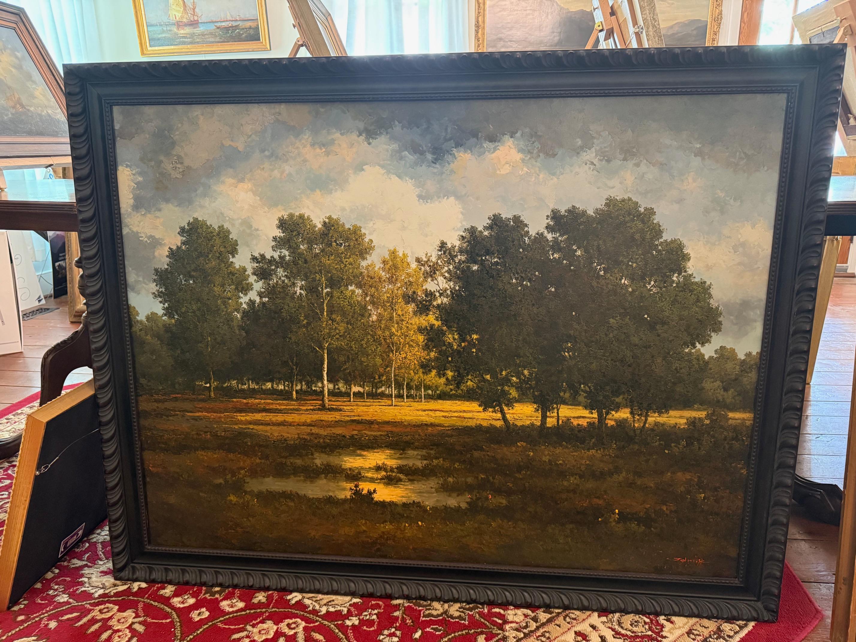 Evening Light, large oil painting by Australian artist J. King 20thC. landscape - Painting by John King