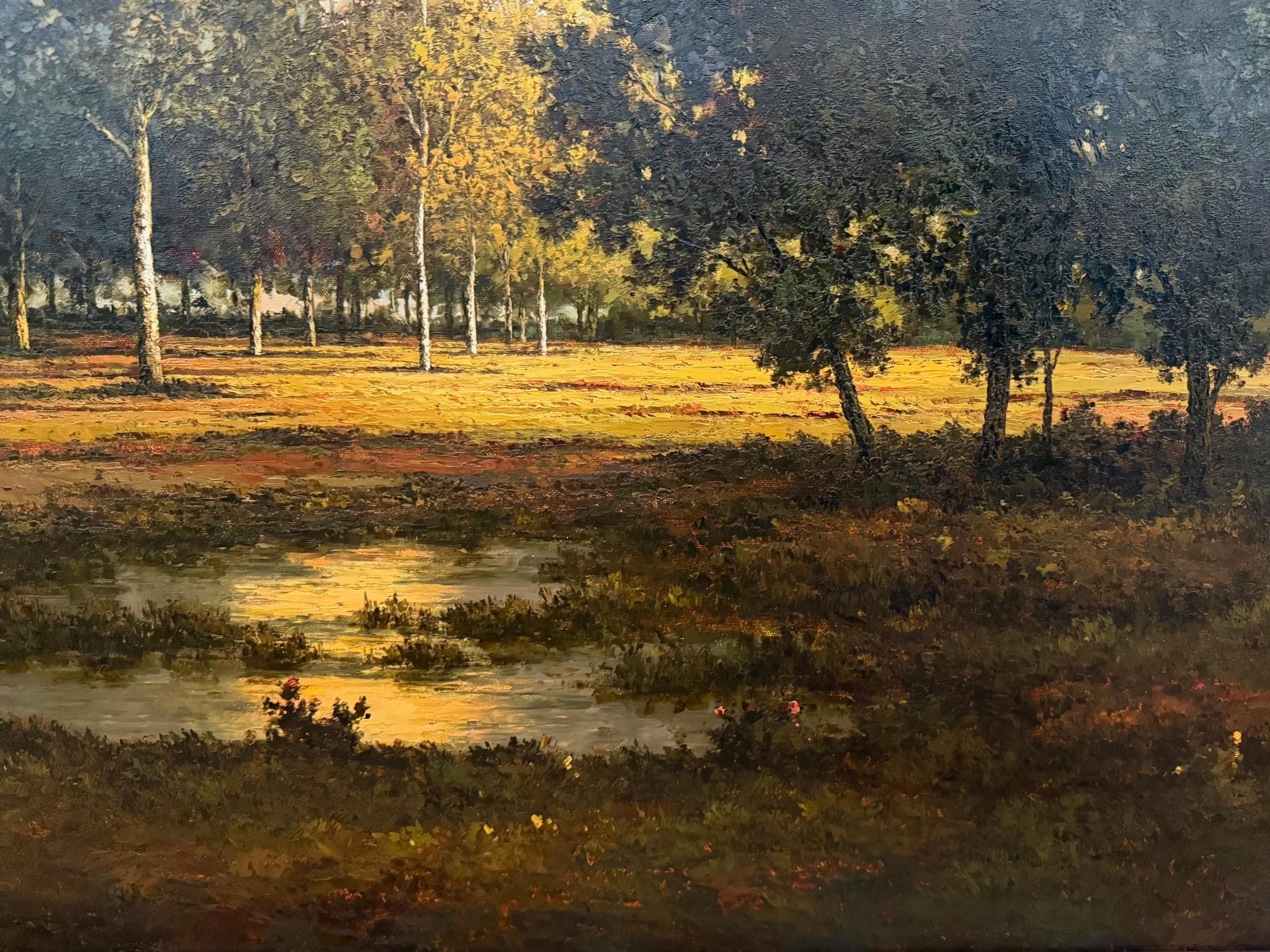 Evening Light, large oil painting by Australian artist J. King 20thC. landscape - Brown Landscape Painting by John King