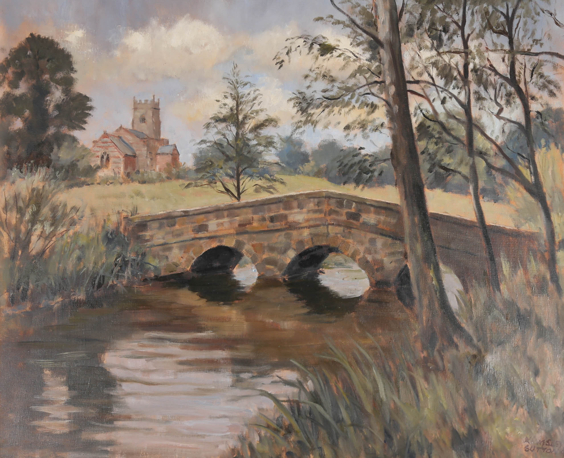 This original mid 20th century oil by British artist John Kingsley Sutton FRSA (1907-1976) , depicts a quiet river landscape with a pretty stone bridge crossing and a distance view of a grand town church. The painting is signed and dated to the