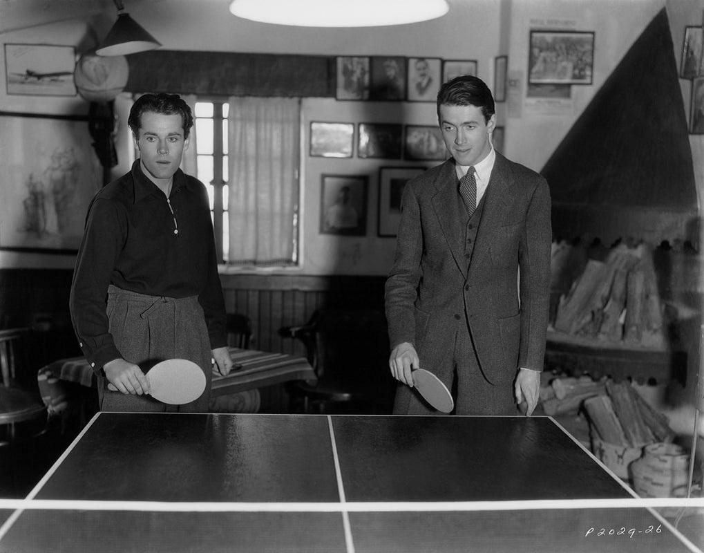 "Table Tennis Stars" by John Kobal Foundation

American actors and friends Henry Fonda (1905 - 1982, left) and James Stewart (1908 - 1997) play a game of table tennis, 1937. 

Unframed
Paper Size: 30" x 40'' (inches)
Printed 2022 
Silver Gelatin