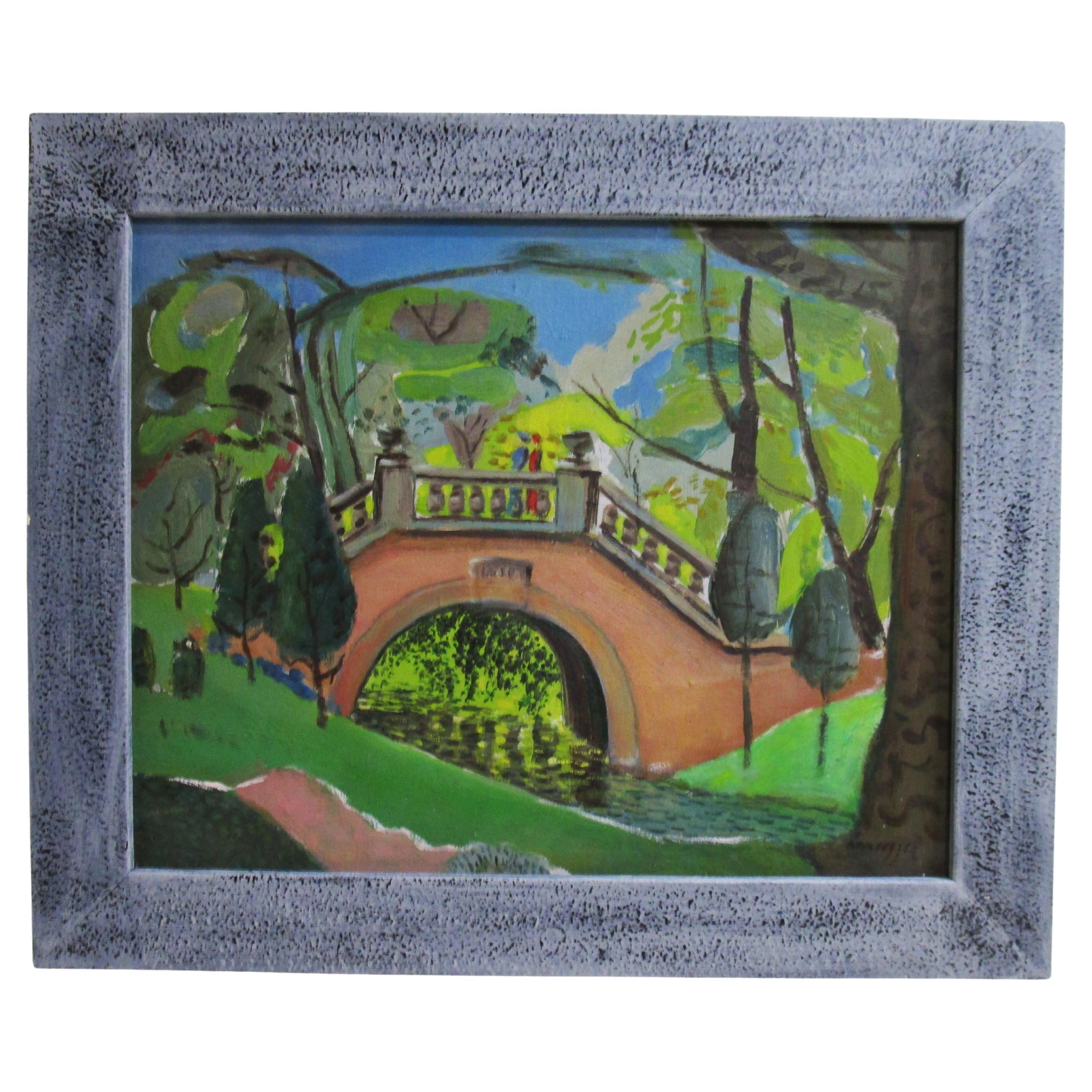 John Konstanin Hansegger ( Svizzero, nato nel 1908 e morto nel 1989 a New York ) Dipinto a olio su tavola di masonite con cornice in legno di buona qualità in stile contemporaneo, di colore blu chiaro screziato e grigio, con ampie e profonde