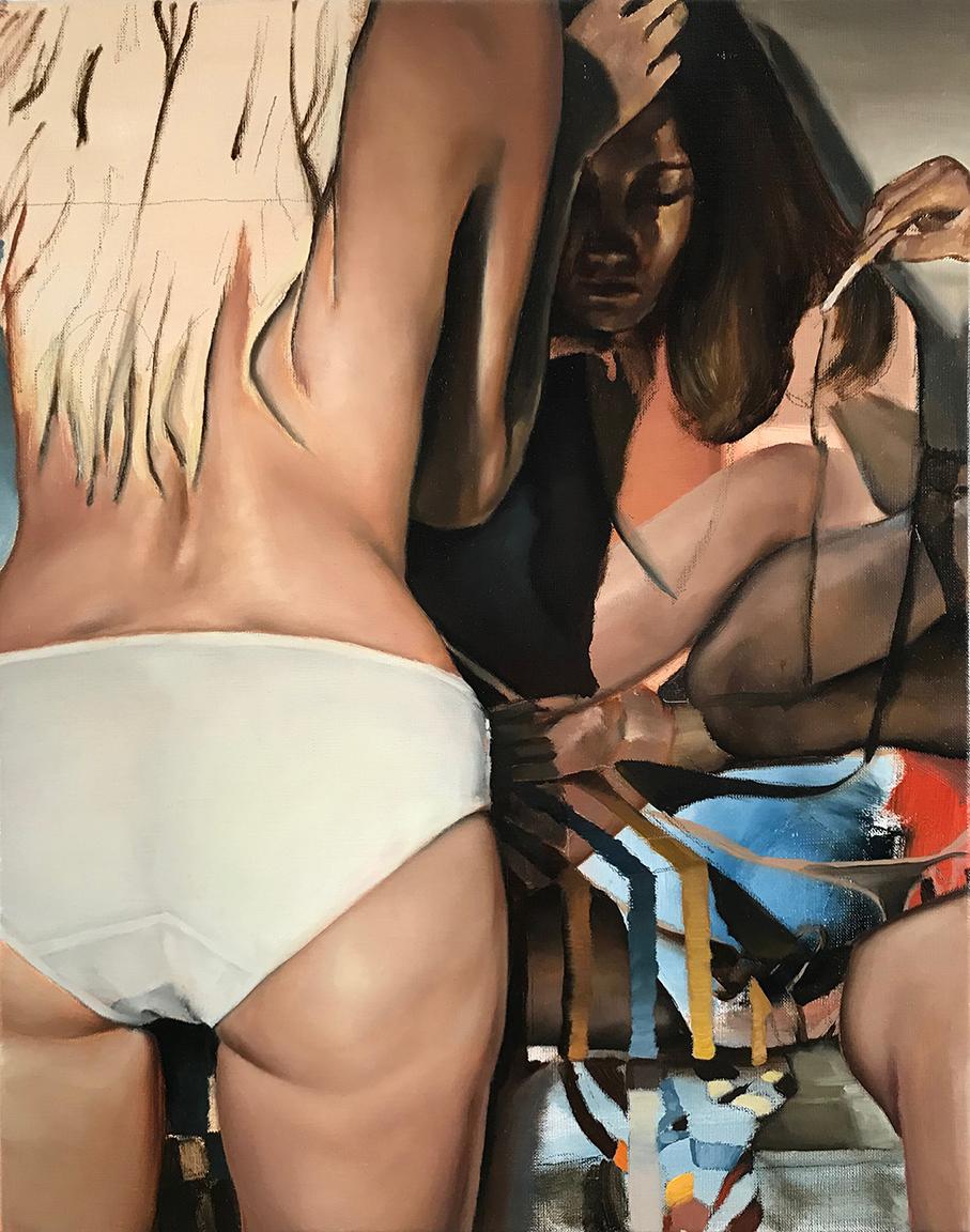 John Krausman Lark Nude Painting – Figuratives Gemälde „Comb“, Öl auf Leinen, Erdtöne, Akte