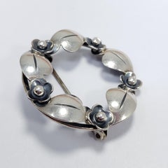 John L Denmark Sterling Silver Round Flower and Leaf Brooch Pin, Sterling Silver