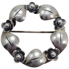 John L Denmark Sterling Silver Round Flower and Leaf Brooch Pin, Sterling Silver