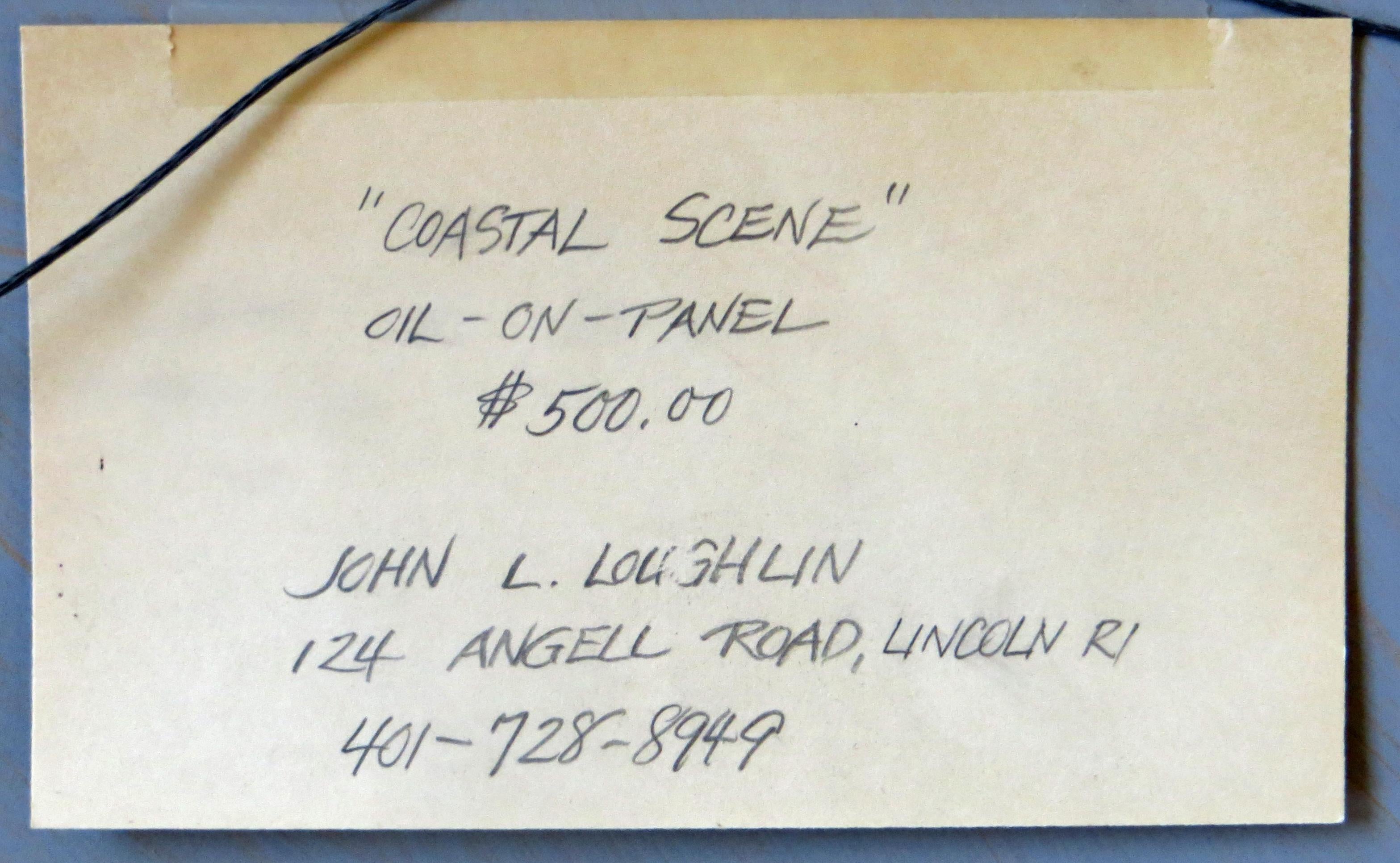 Künstler: John L. Loughlin - Amerikaner (1931-2004)
Titel: Küstenszene
Jahr: 1990
Medium: Öl auf Platte
Größe des Bildes: 9,5 x 13,5 Zoll. 
Gerahmte Größe: 13,5 x 17,5 Zoll 
Unterschrift: Signiert, unten rechts, Rückseite. Karte auf der