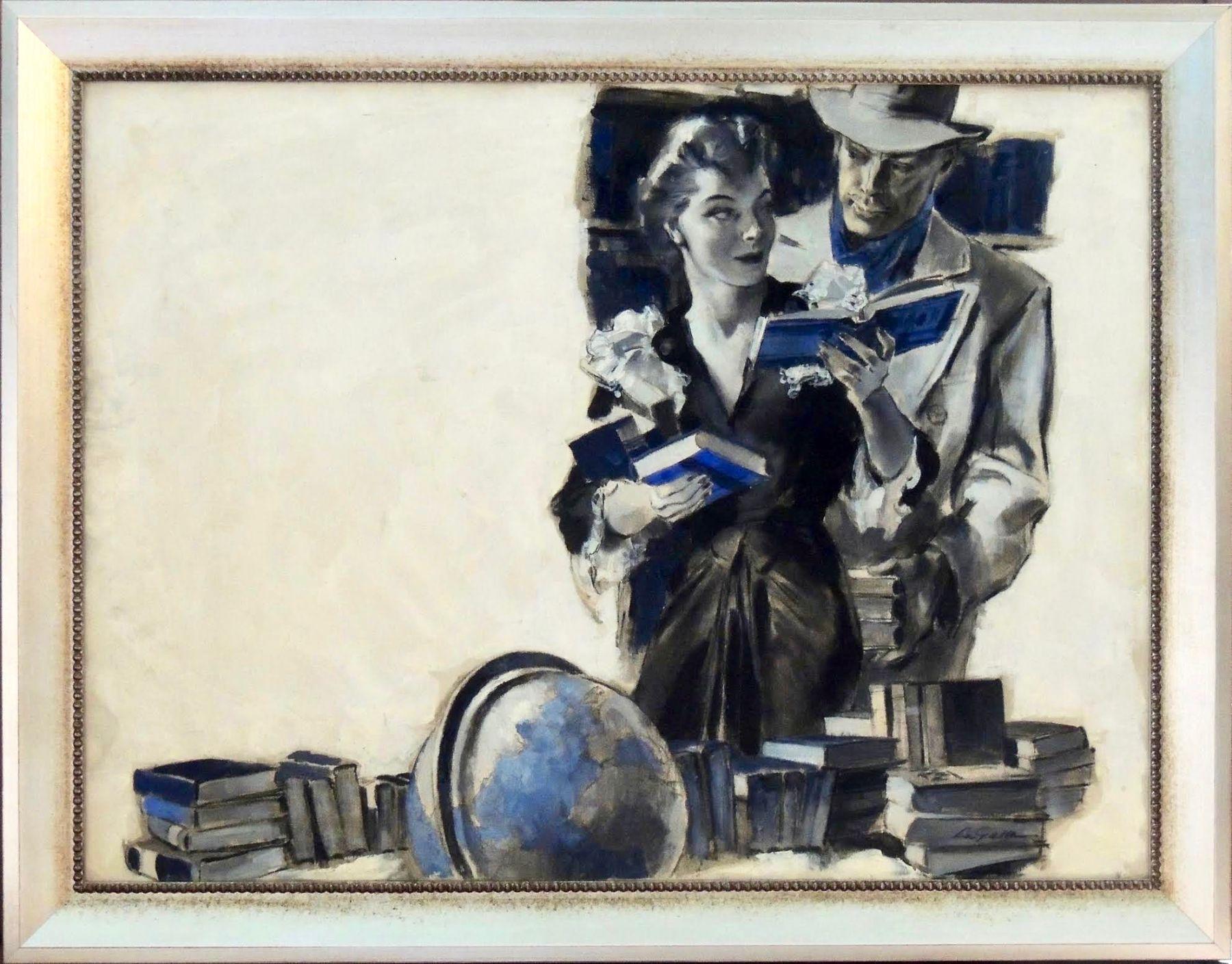 Una donna tra i libri con un uomo in Fedora dietro di lei - Painting di John Lagatta