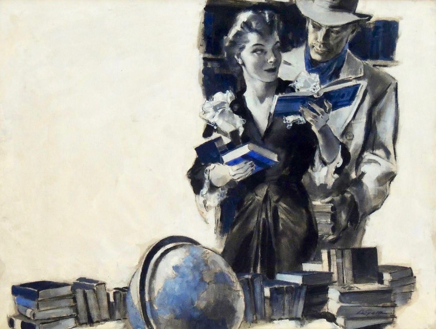 Figurative Painting di John Lagatta - Una donna tra i libri con un uomo in Fedora dietro di lei