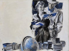 Une femme parmi des livres avec un homme en fedora derrière elle