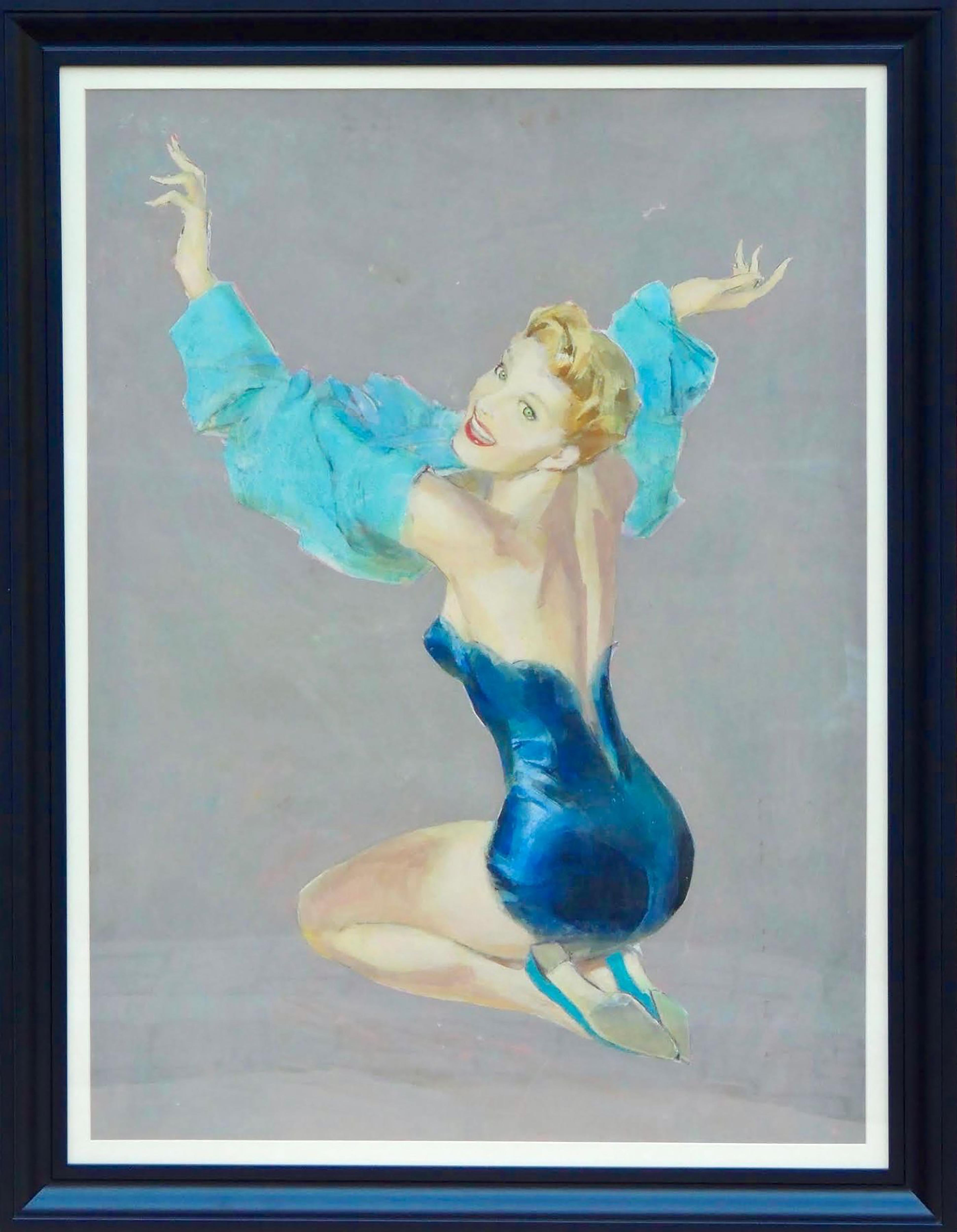 Raffigurazione di una donna in lingerie blu con le braccia in un vestito sopra la testa - Painting di John Lagatta