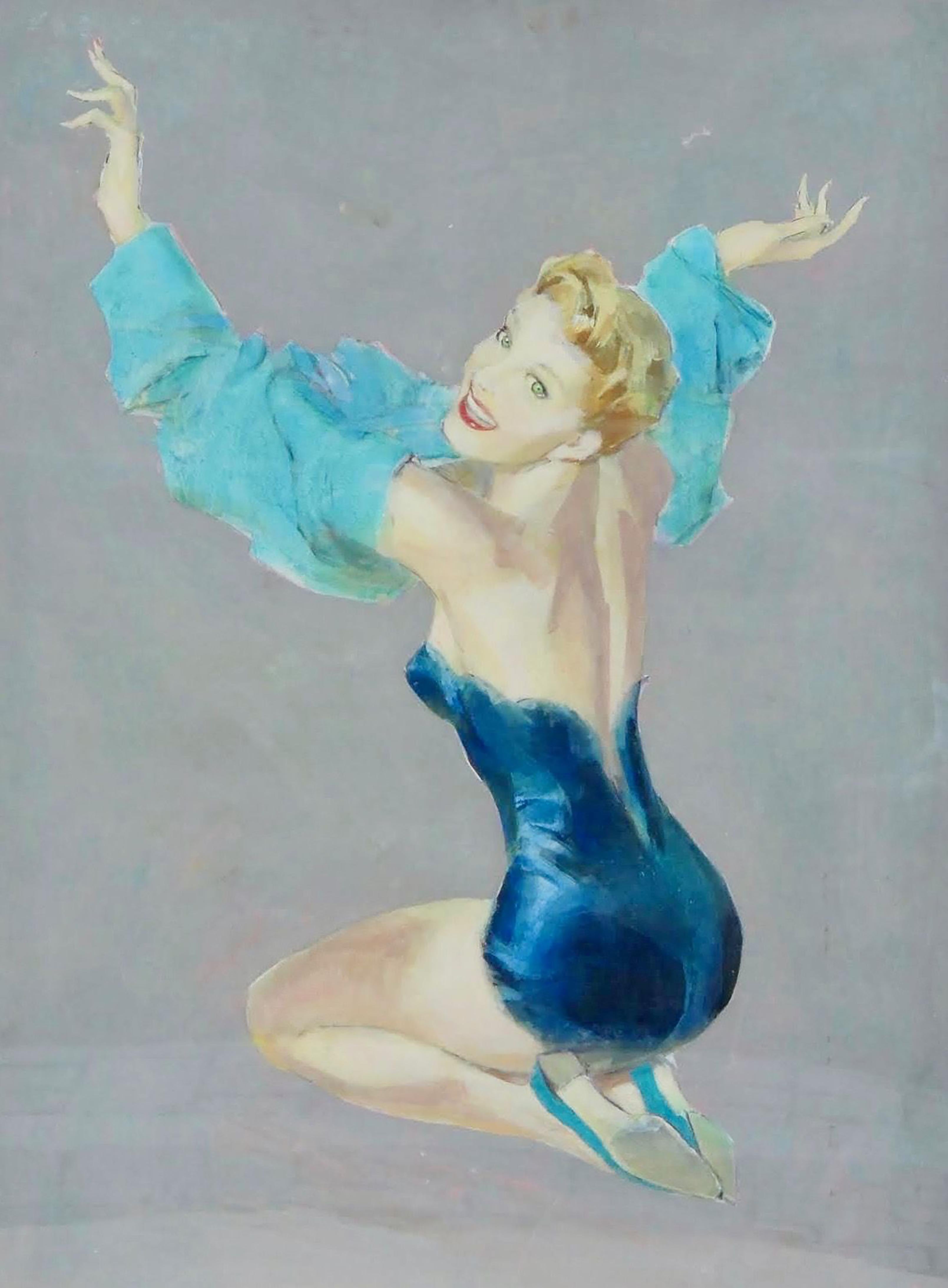 Figurative Painting di John Lagatta - Raffigurazione di una donna in lingerie blu con le braccia in un vestito sopra la testa