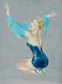 Retro Depicting a Woman in Blue Lingerie with Her Arms in a Dress Overhead 