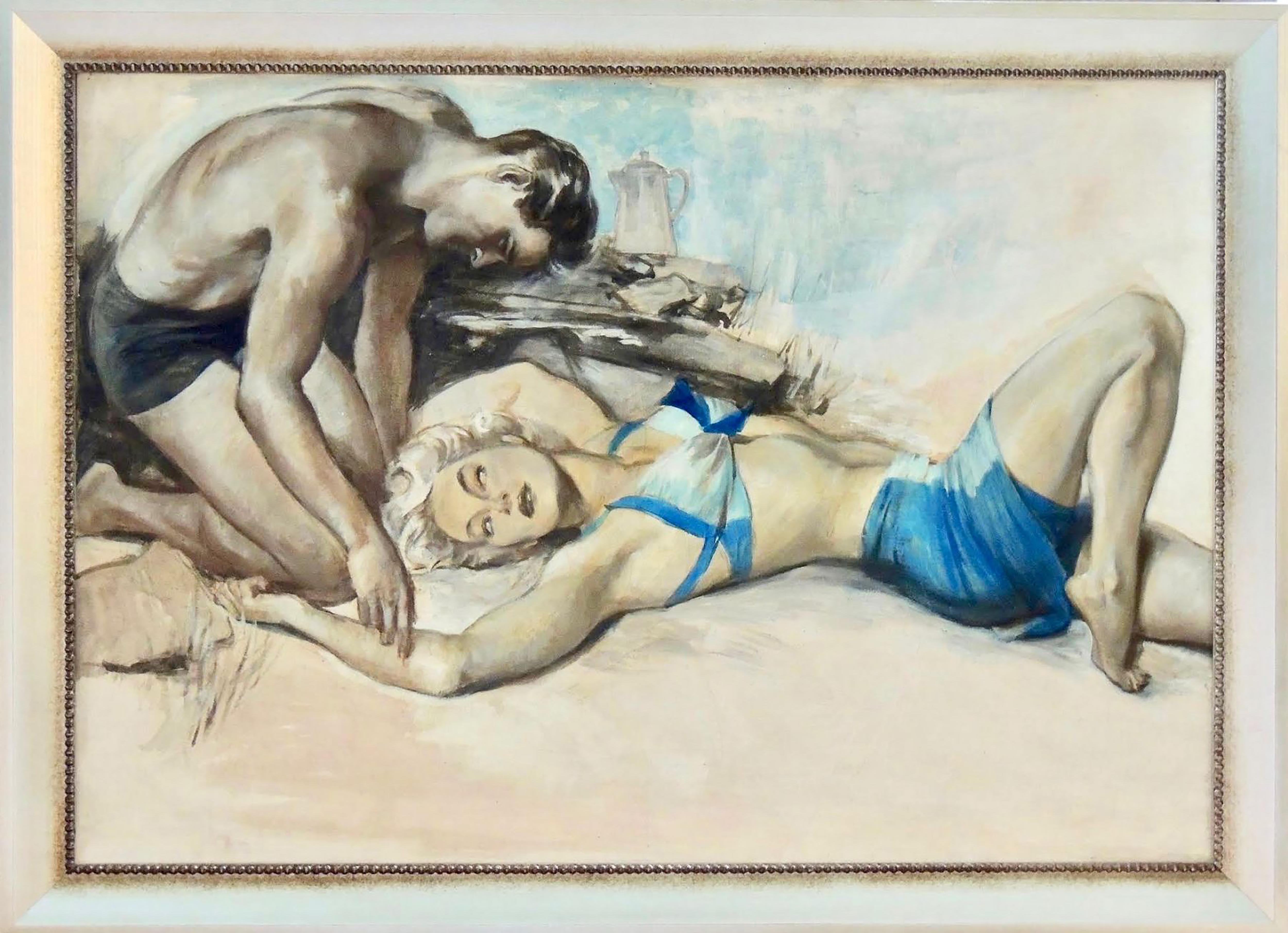 Woman in Blue Two-Piece Bathing Suit Laying on Beach with Man in Bathing Su - Painting by John Lagatta
