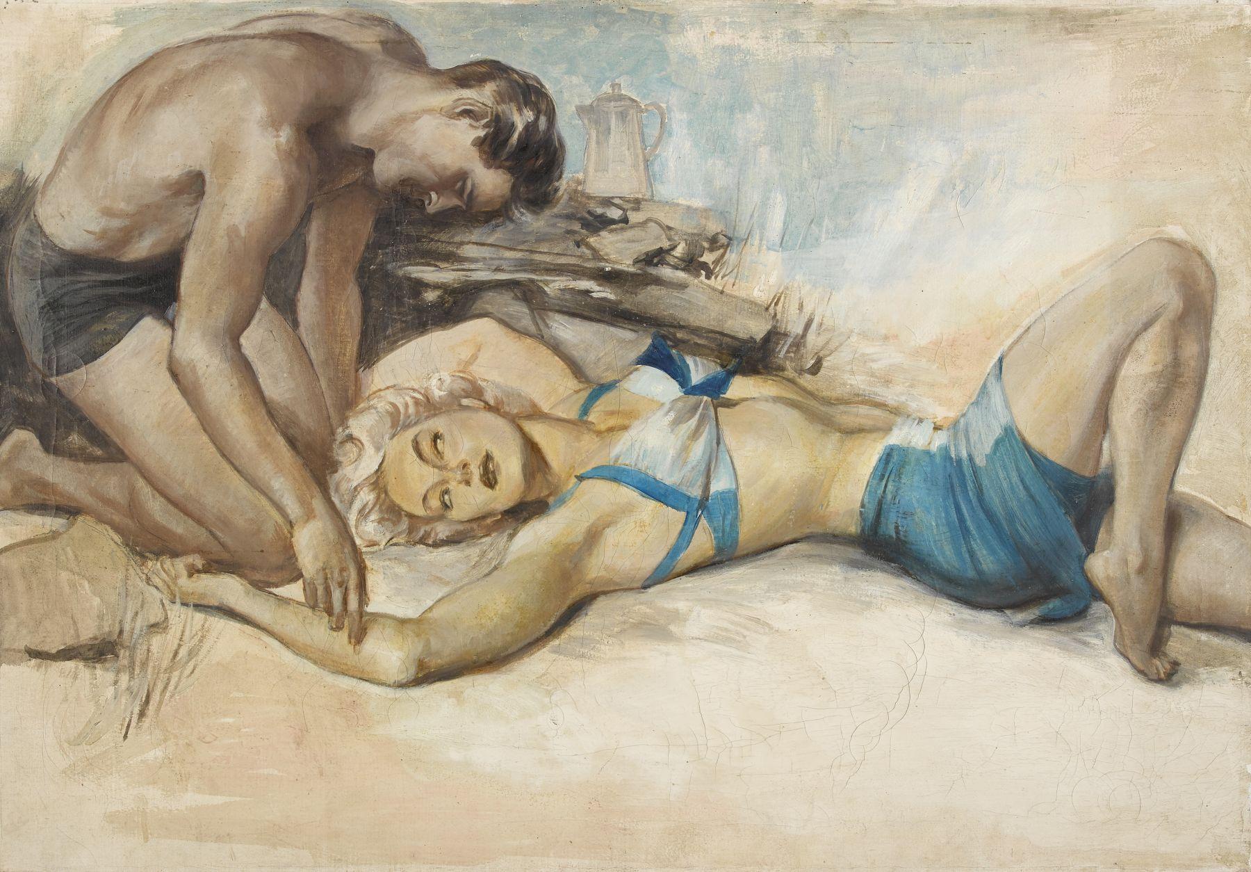 John Lagatta Figurative Painting - Woman in Blue Two-Piece Bathing Suit Laying on Beach with Man in Bathing Su