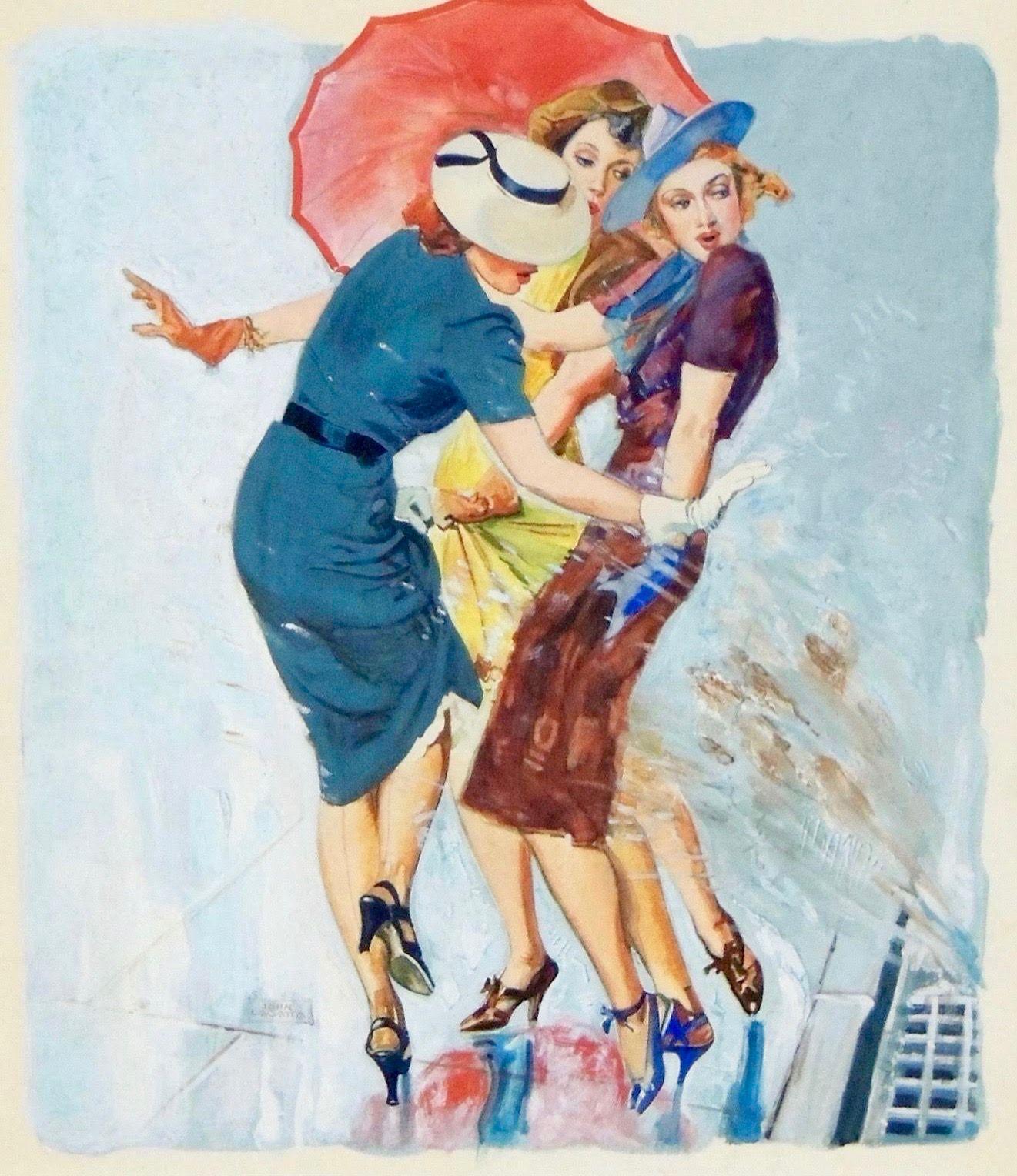John Lagatta Figurative Painting – Women on a Rainy Day, Saturday Evening Post Cover, 1939