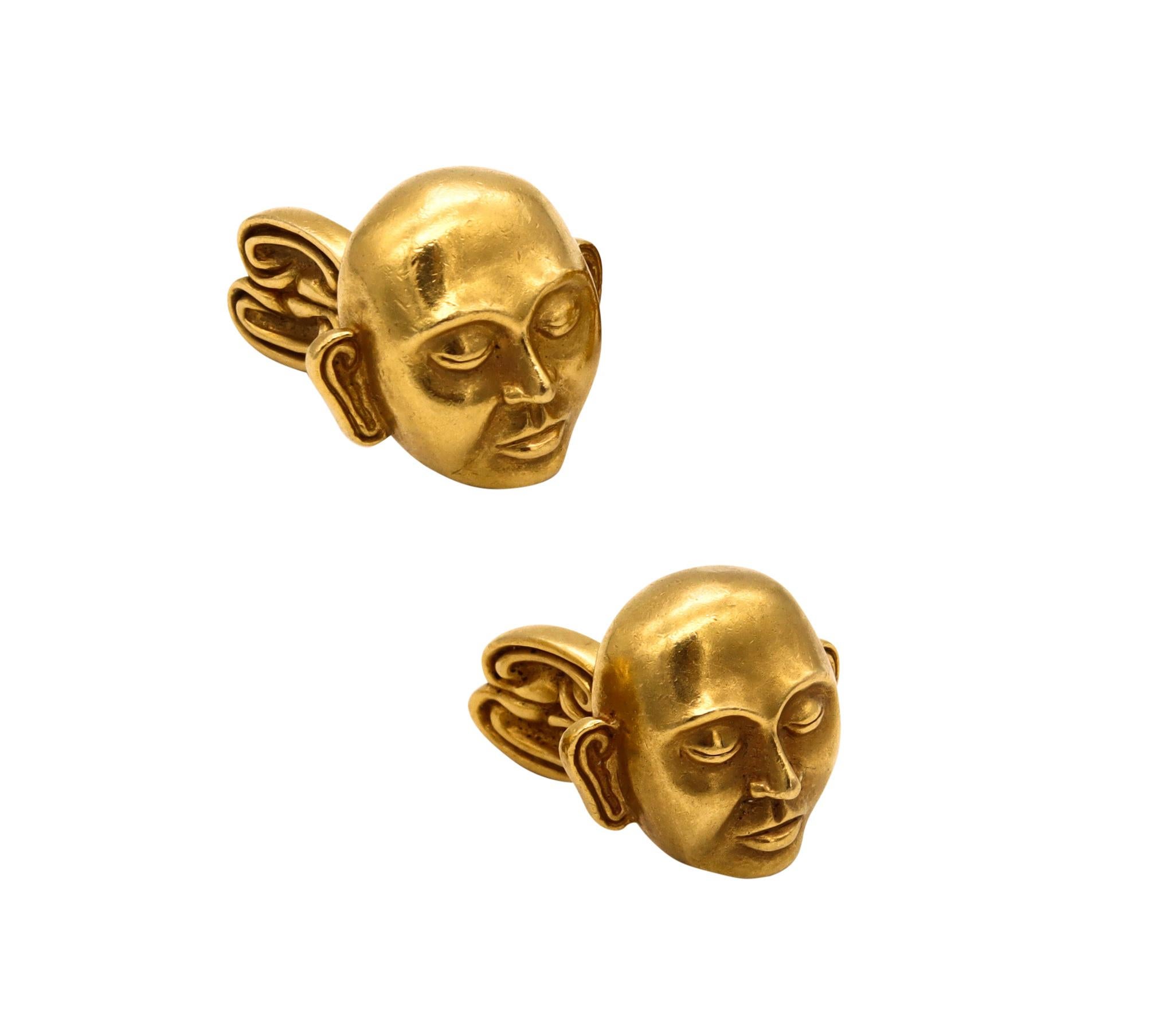 A pair of cufflinks set designed by John Landrum Bryant. 

Beautiful and rare one-of-a-kind pair, created by John Landrum Bryant in New York City in 2000. These cufflinks are sculpted with the bald face of a Tibetan monk very similar to oriental