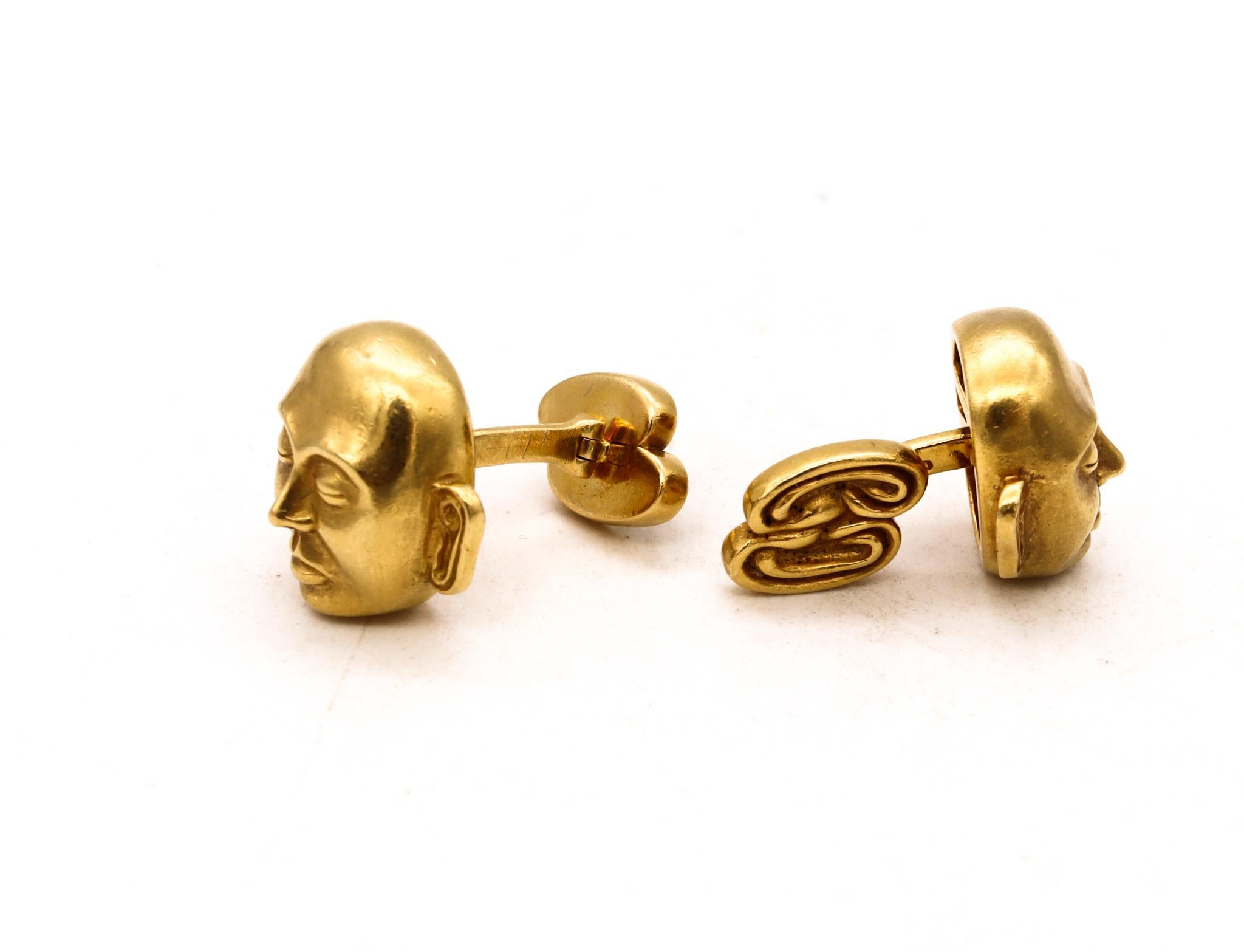 Modern John Landrum Bryant Cufflinks with Buddha Monks Faces in Solid 18Kt Yellow Gold For Sale