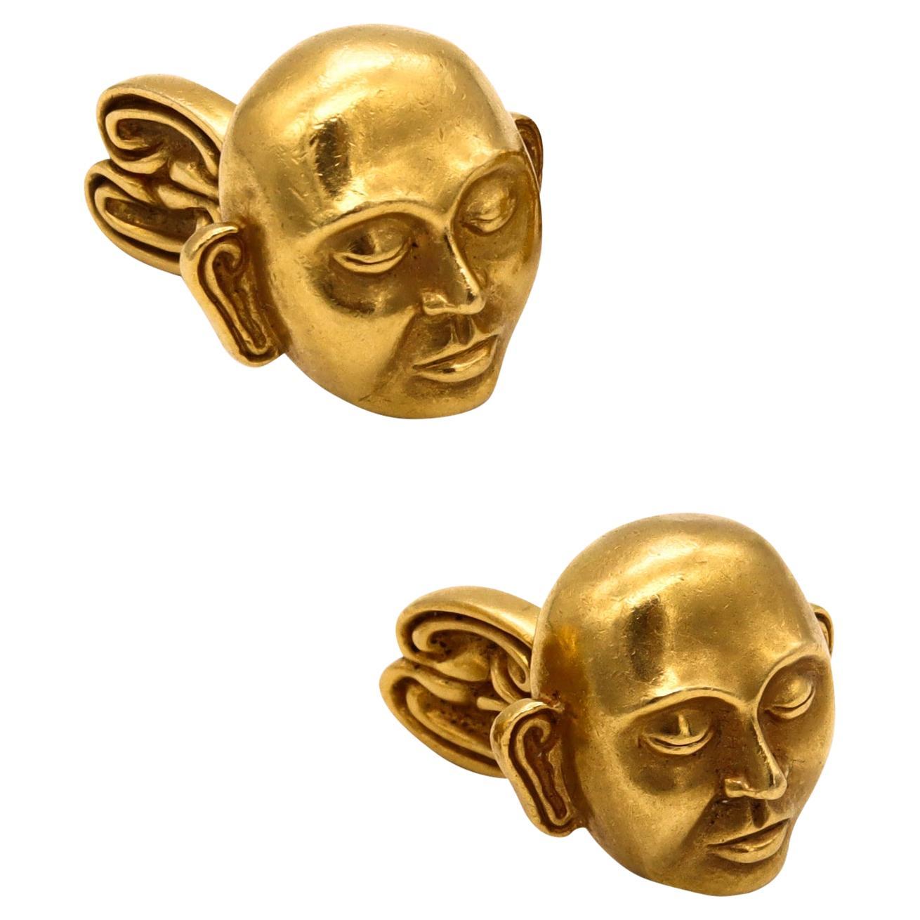 John Landrum Bryant Cufflinks with Buddha Monks Faces in Solid 18Kt Yellow Gold For Sale