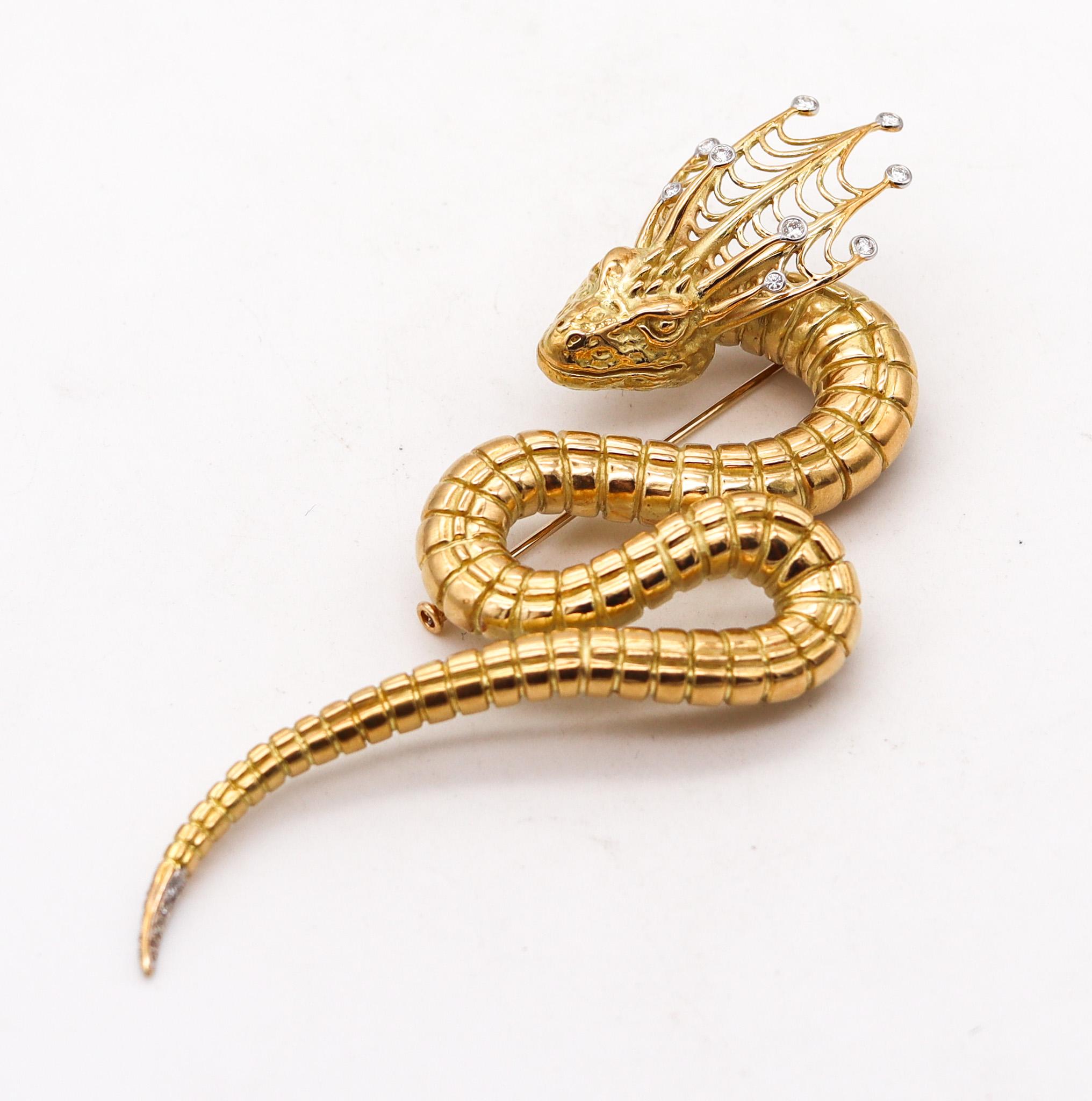 Modernist John Landrum Bryant Serpent Brooch In 18Kt Yellow Gold With VVS Diamonds For Sale