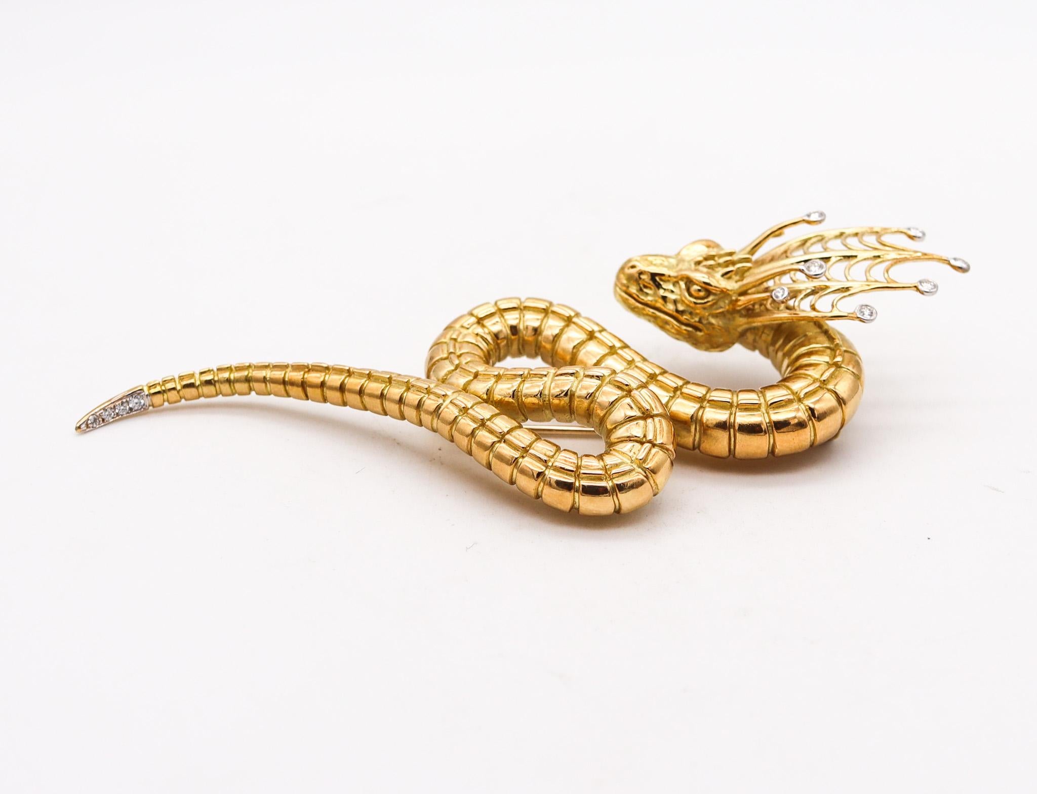 Brilliant Cut John Landrum Bryant Serpent Brooch In 18Kt Yellow Gold With VVS Diamonds For Sale