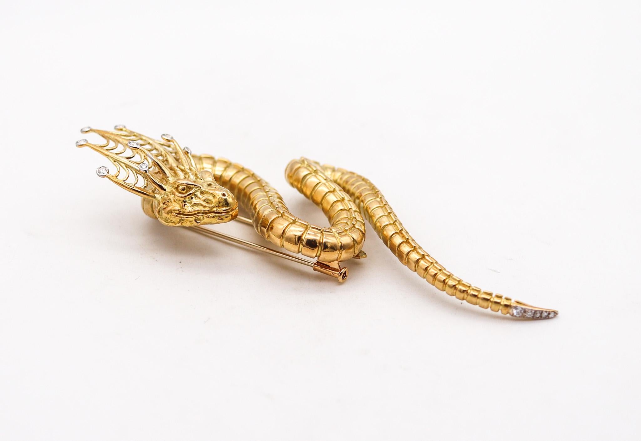 John Landrum Bryant Serpent Brooch In 18Kt Yellow Gold With VVS Diamonds In Excellent Condition For Sale In Miami, FL