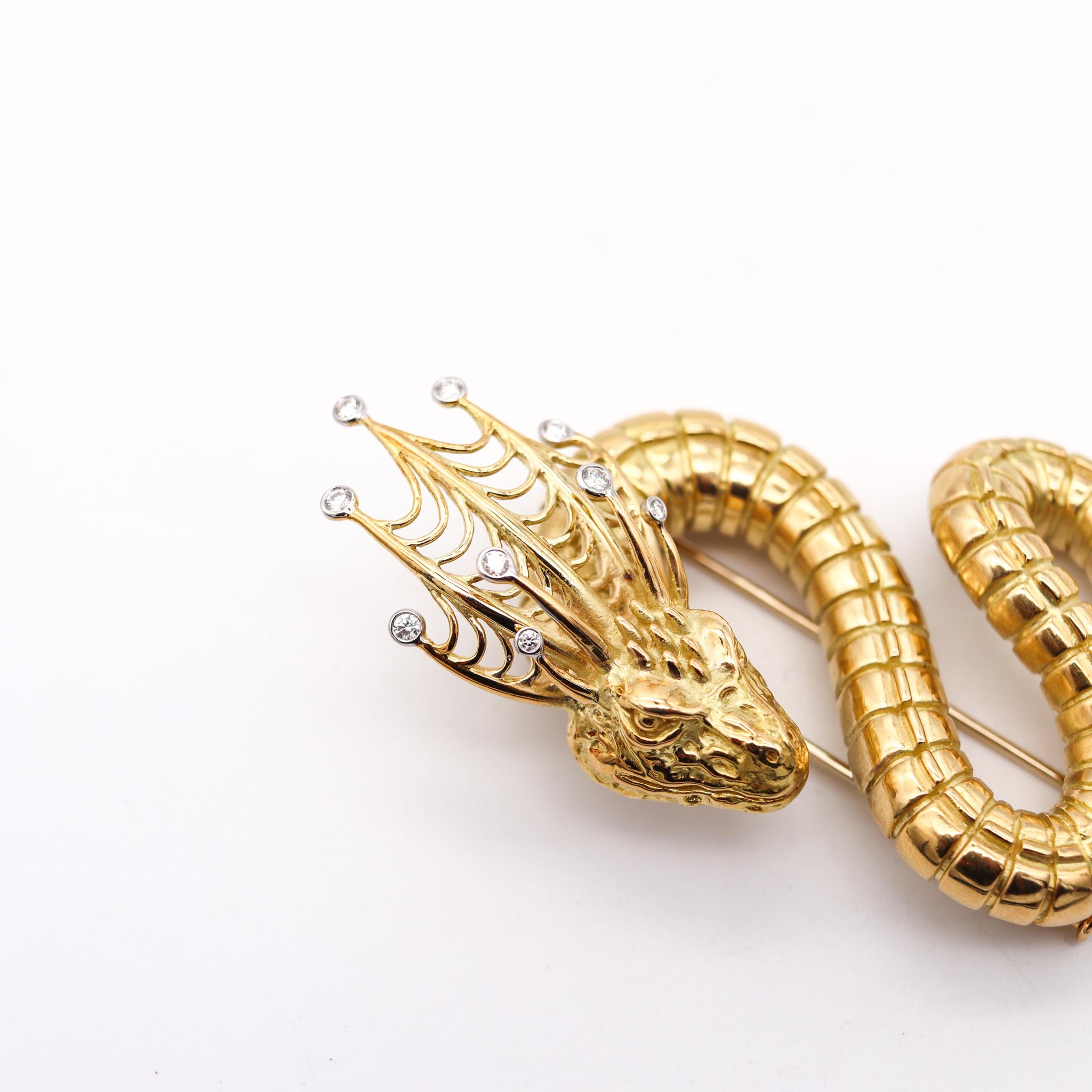 John Landrum Bryant Serpent Brooch In 18Kt Yellow Gold With VVS Diamonds For Sale 3