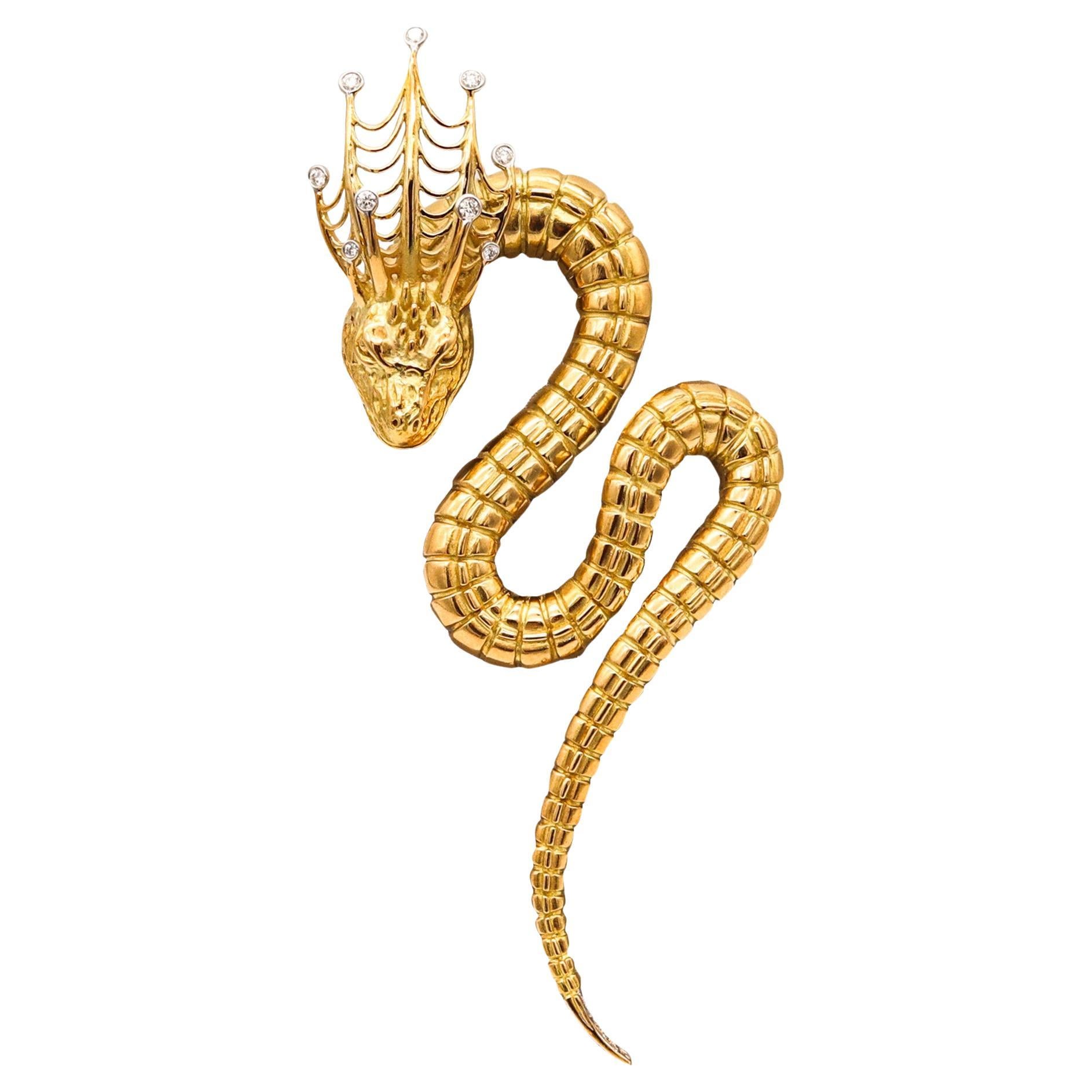 John Landrum Bryant Serpent Brooch In 18Kt Yellow Gold With VVS Diamonds For Sale
