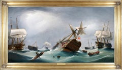 Immense tableau à l'huile du XIXe siècle représentant la bataille de Trafalgar : la marine britannique et Lord Nelson