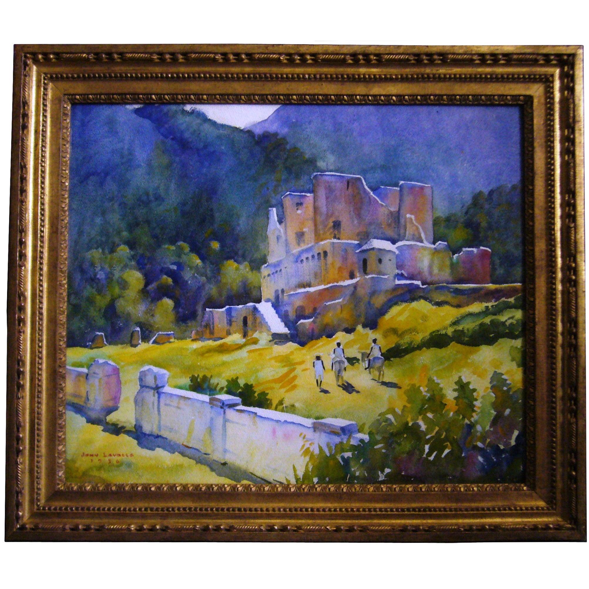 John Lavalle (1896-1971) aquarelle encadrée et dorée de Sans Souci, le palais d'Henri-Christophe, sur l'île de Saint-Domingue / Haïti, 1936. Signé en bas à gauche.
Dimensions : 27,5" L x 23" H x 1,88" D ; vue 22" L x 18,5" H.