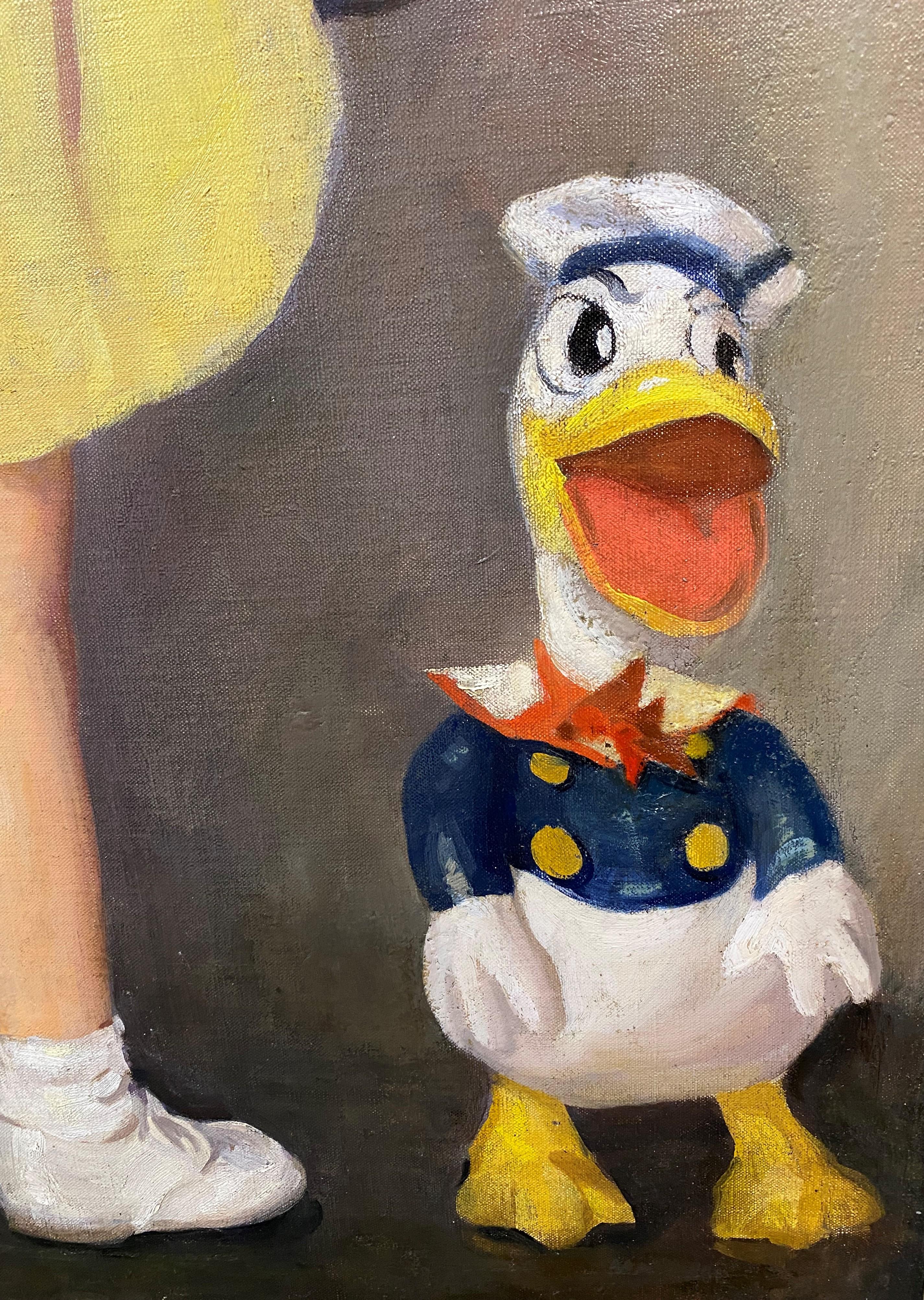 Un beau portrait à l'huile d'une jeune fille avec Donald Duck et d'autres jouets par l'artiste américain John Lavallee (1896-1971). Lavalle est né à Nahant, Massachusetts et a obtenu un A.B. Diplômé de l'Université de Harvard, il a également étudié